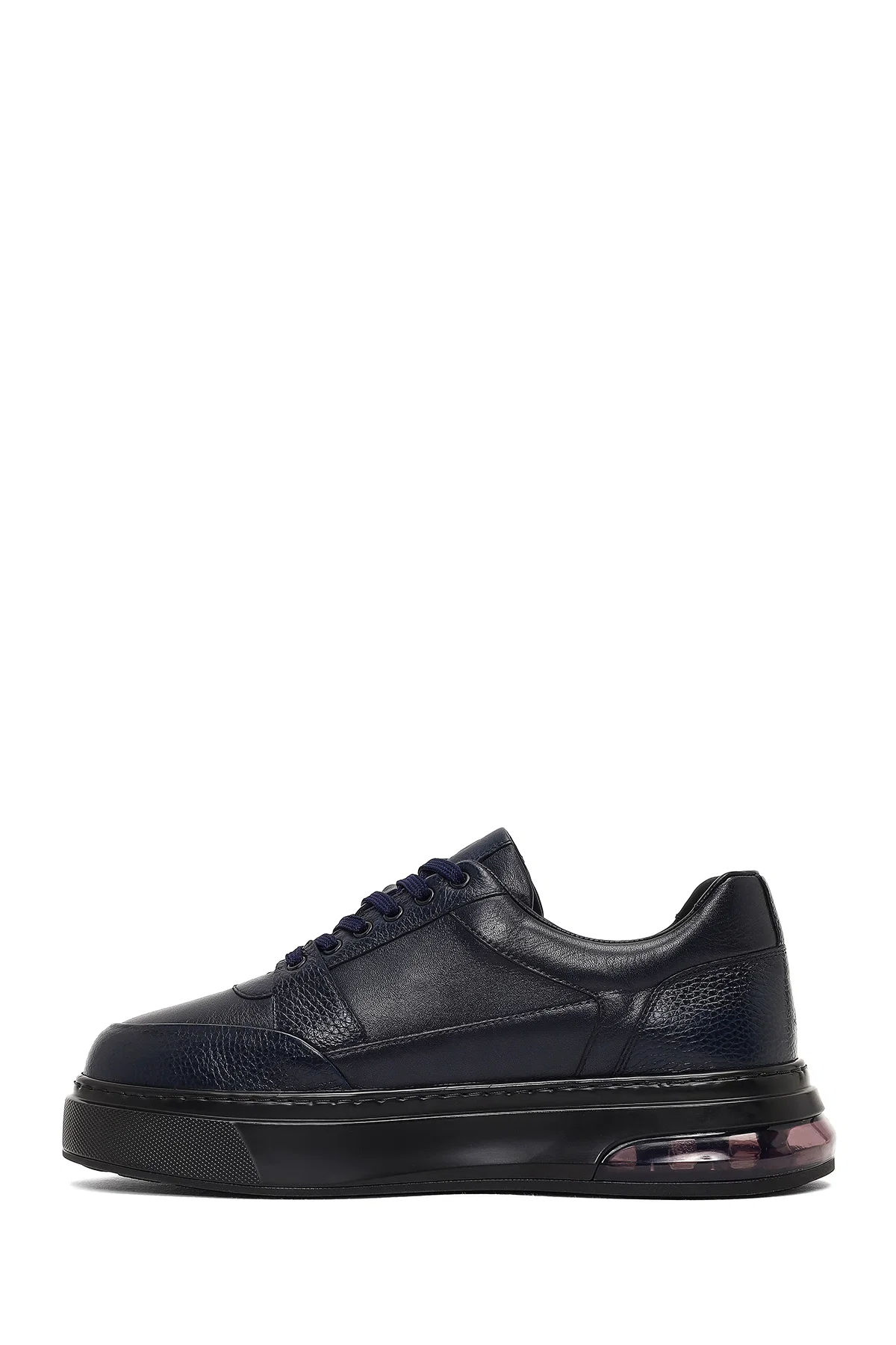 Erkek Lacivert Bağcıklı Kalın Tabanlı Deri Sneaker - Image 2