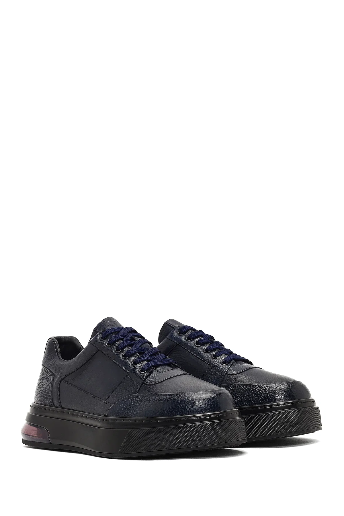 Erkek Lacivert Bağcıklı Kalın Tabanlı Deri Sneaker - Image 3