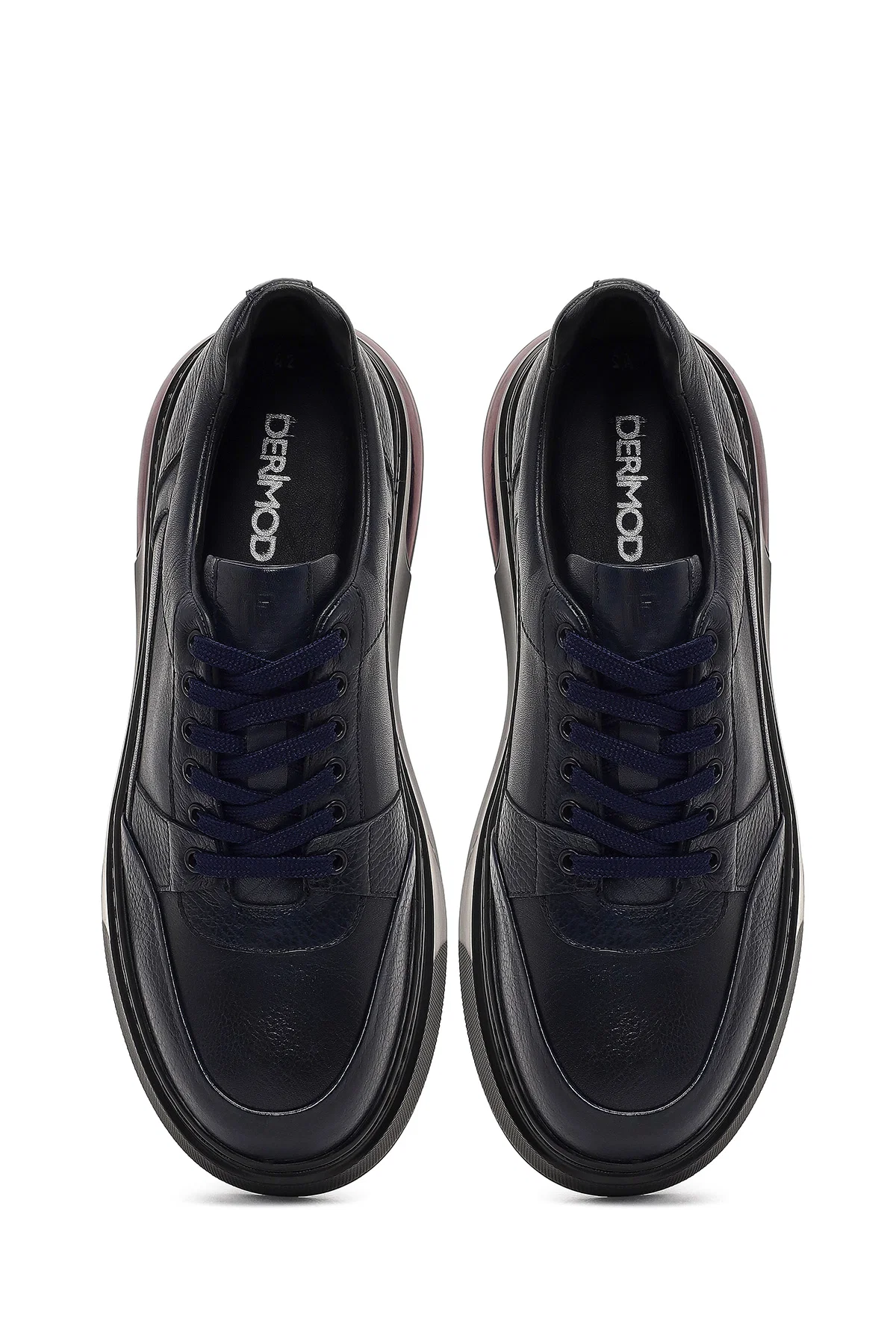 Erkek Lacivert Bağcıklı Kalın Tabanlı Deri Sneaker - Image 7