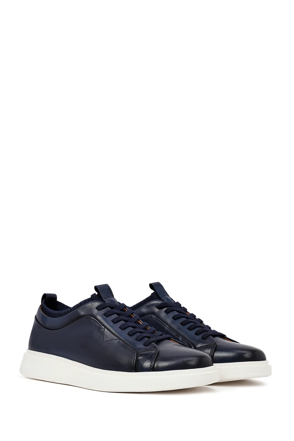Erkek Lacivert Bağcıklı Kalın Tabanlı Deri Sneaker - Image 3
