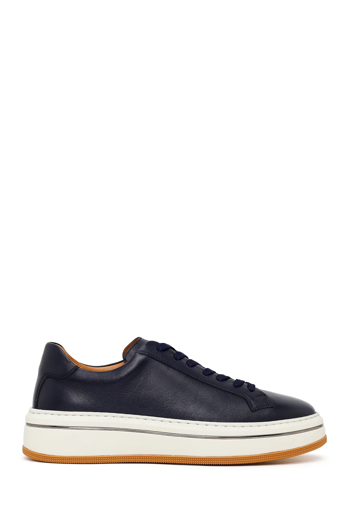 Erkek Lacivert Bağcıklı Kalın Tabanlı Deri Sneaker