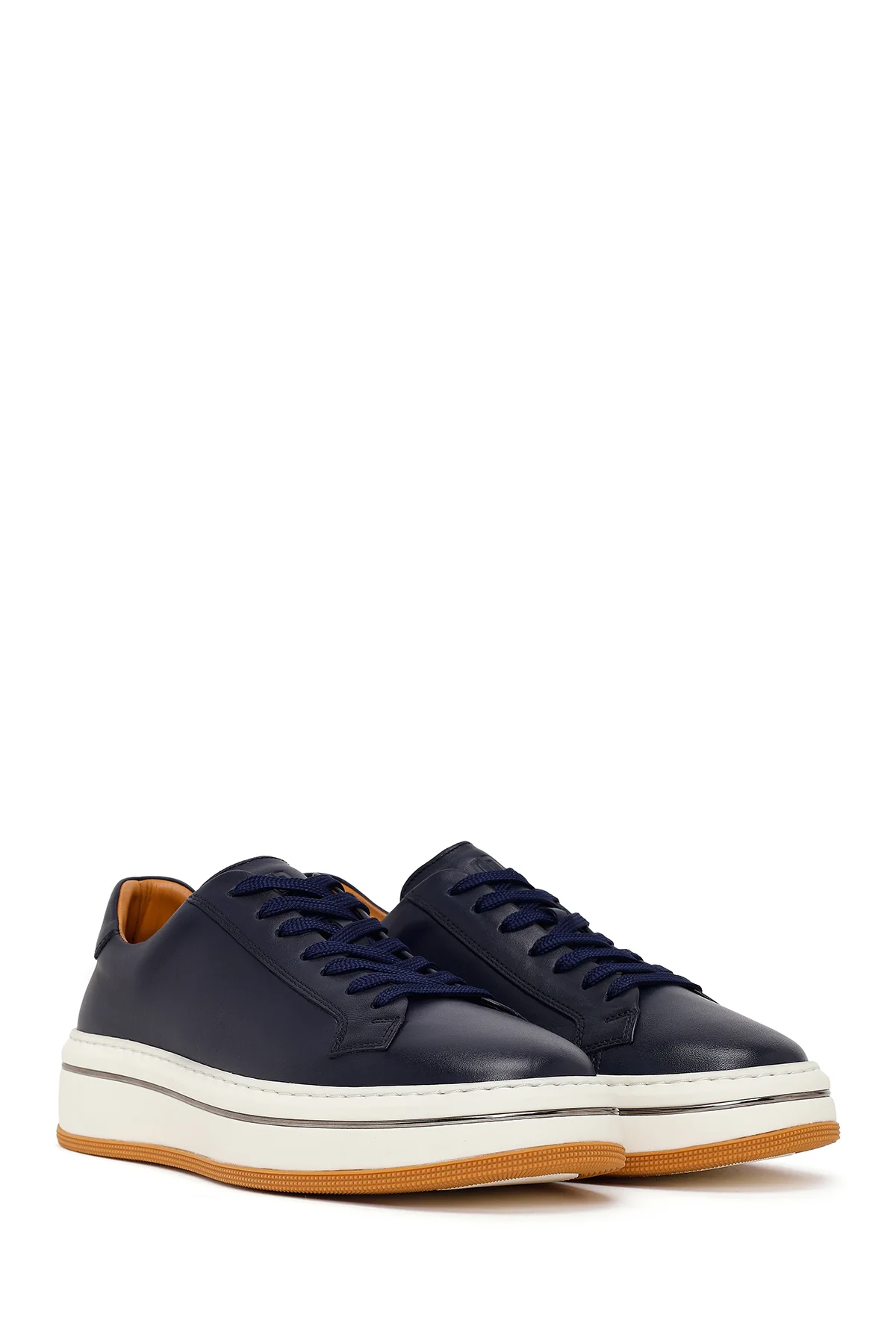 Erkek Lacivert Bağcıklı Kalın Tabanlı Deri Sneaker - Image 2