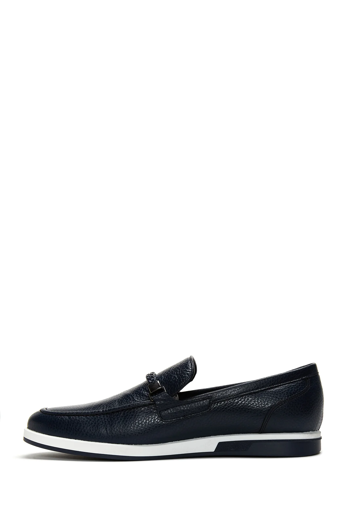 Erkek Lacivert Deri Örgü Detaylı Casual Loafer - Image 2