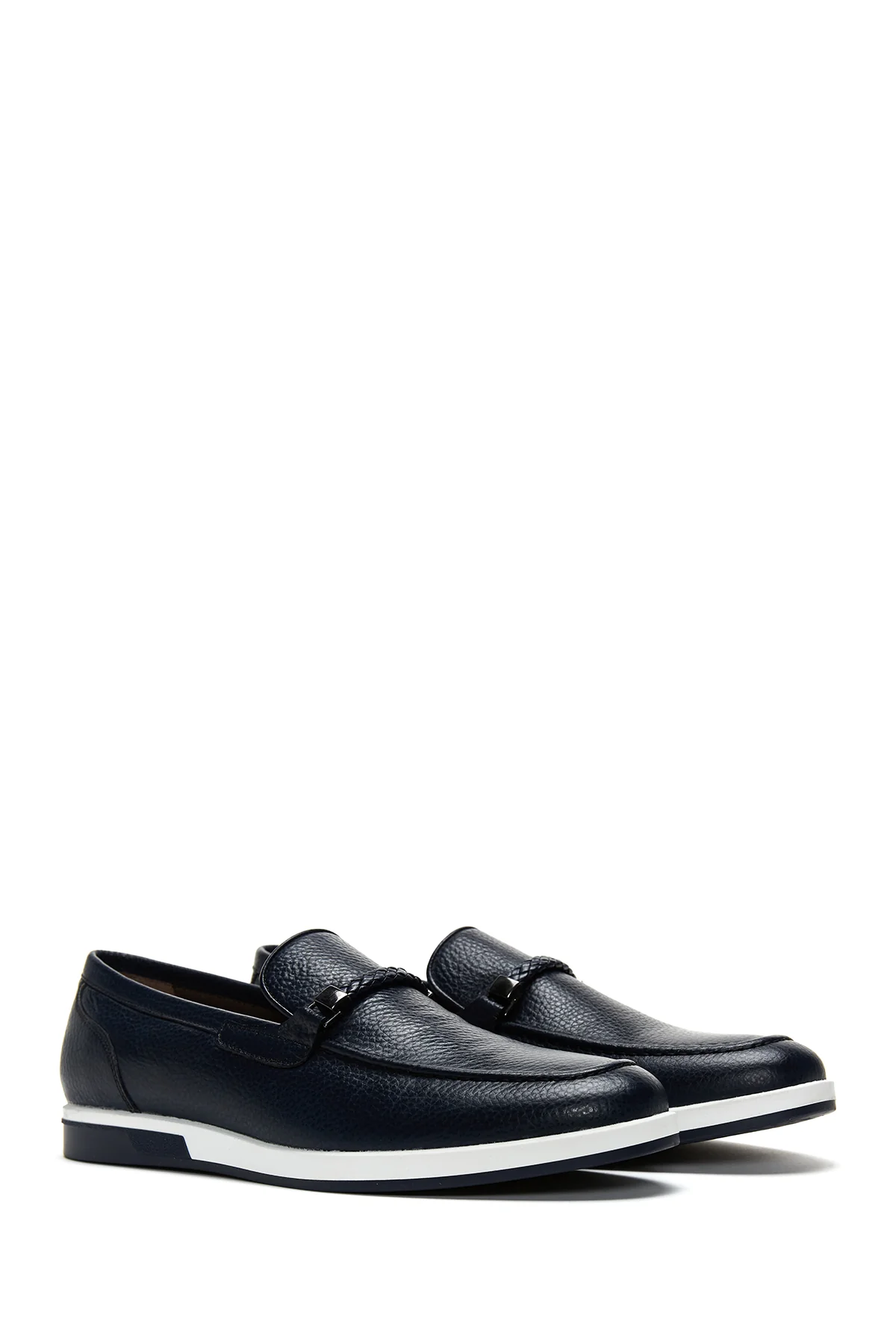 Erkek Lacivert Deri Örgü Detaylı Casual Loafer - Image 3