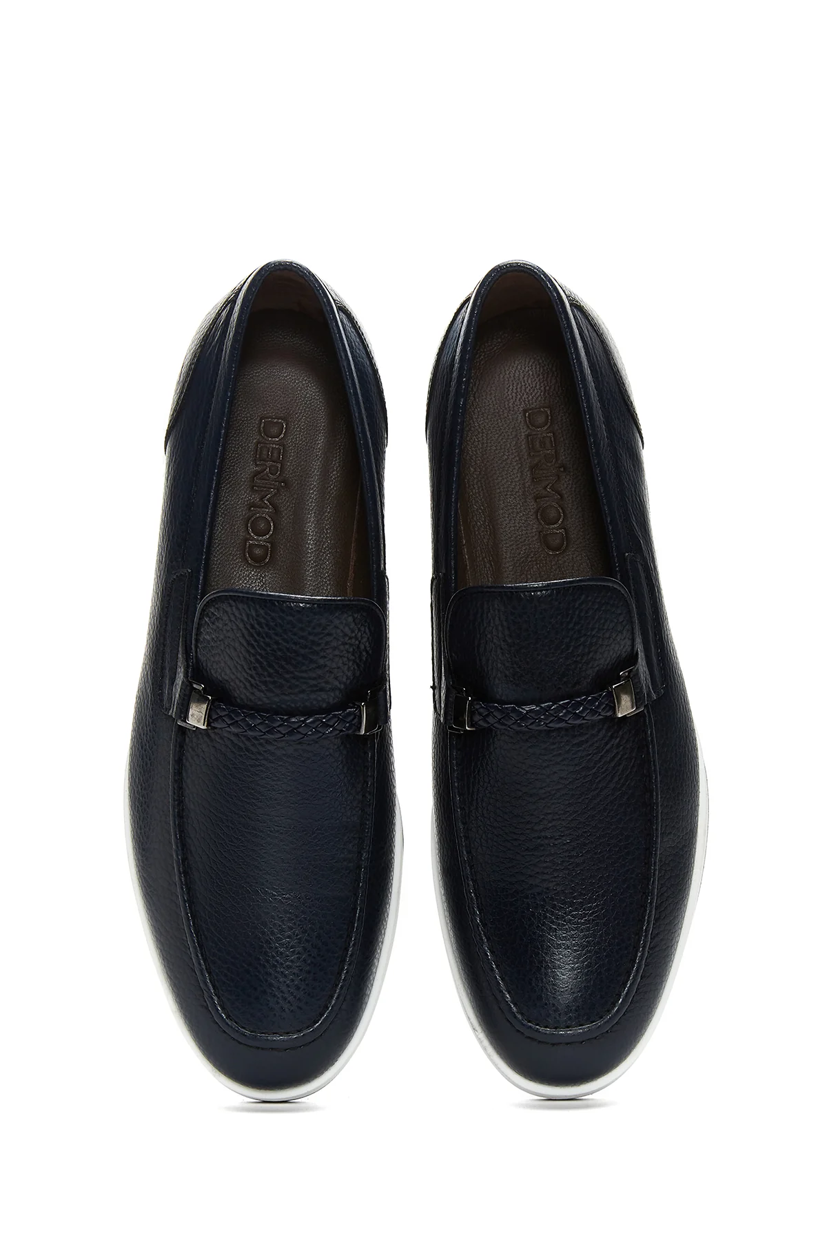 Erkek Lacivert Deri Örgü Detaylı Casual Loafer - Image 6