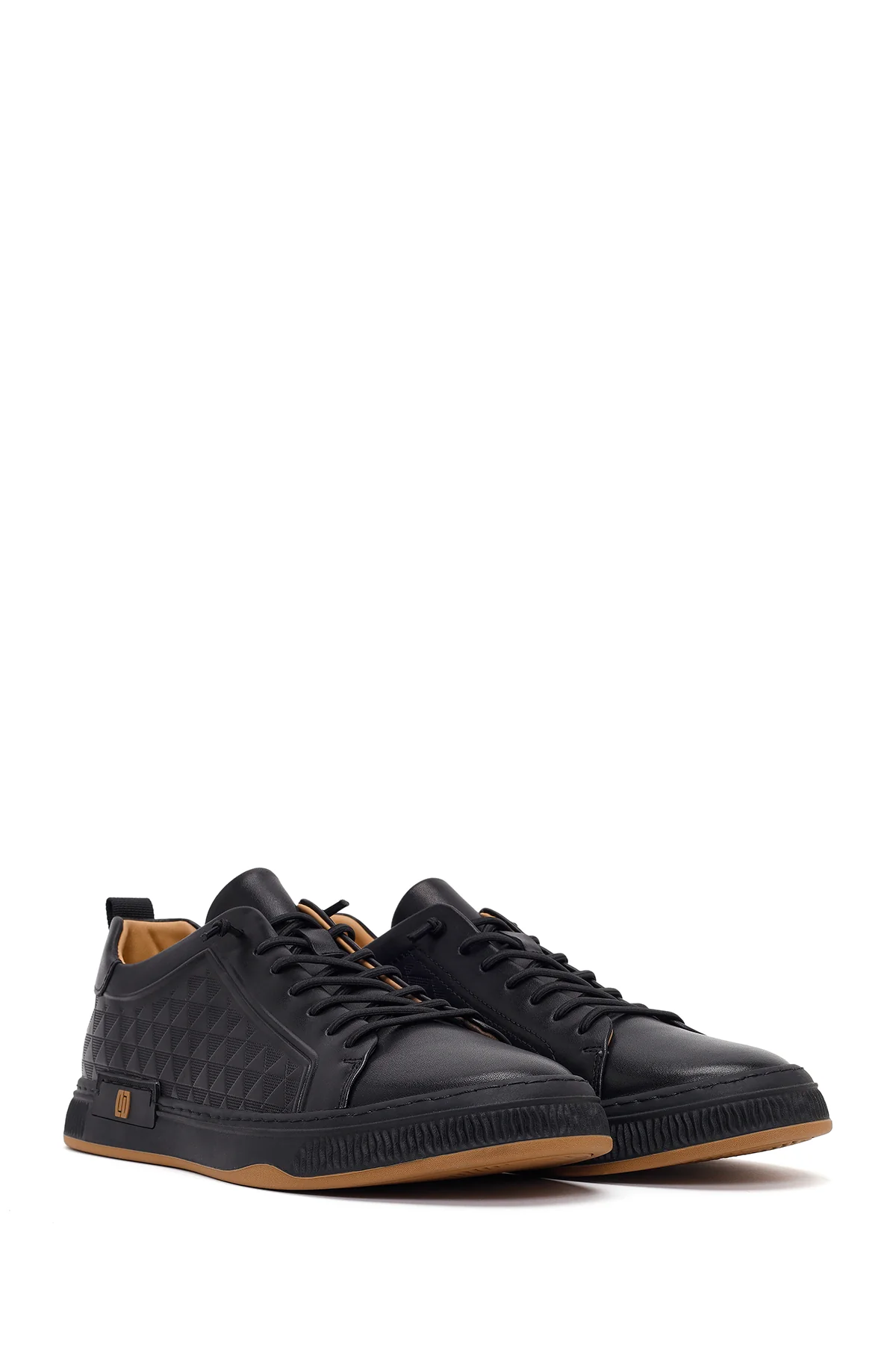 Erkek Siyah Bağcıklı Baskılı Deri Sneaker - Image 2