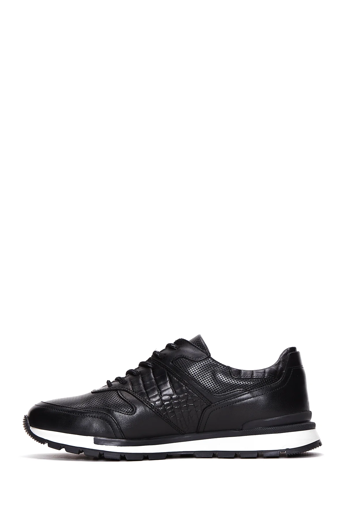 Erkek Siyah Bağcıklı Deri Casual Sneaker - Image 2