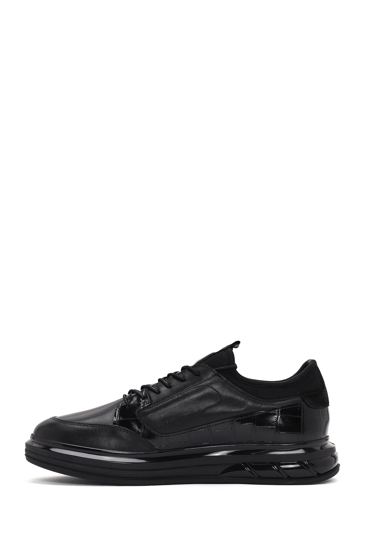 Erkek Siyah Bağcıklı Deri Casual Sneaker - Image 2
