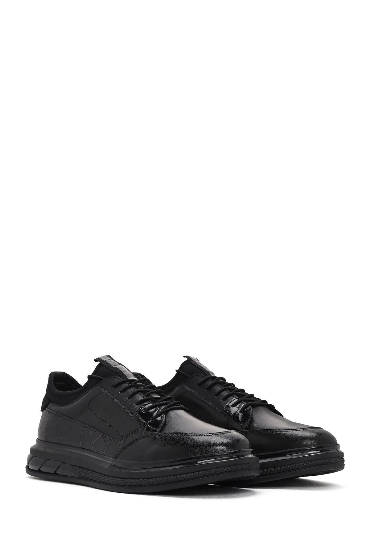 Erkek Siyah Bağcıklı Deri Casual Sneaker - Image 3