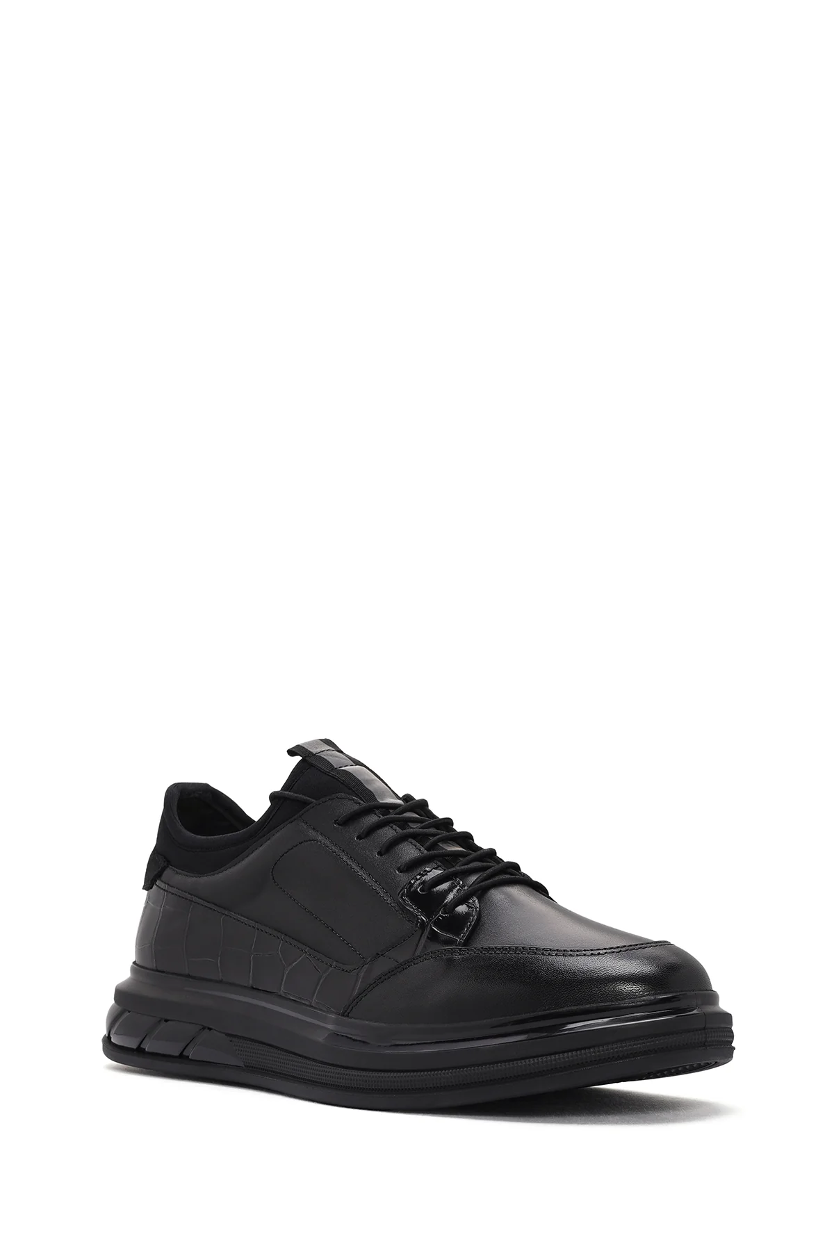 Erkek Siyah Bağcıklı Deri Casual Sneaker - Image 6