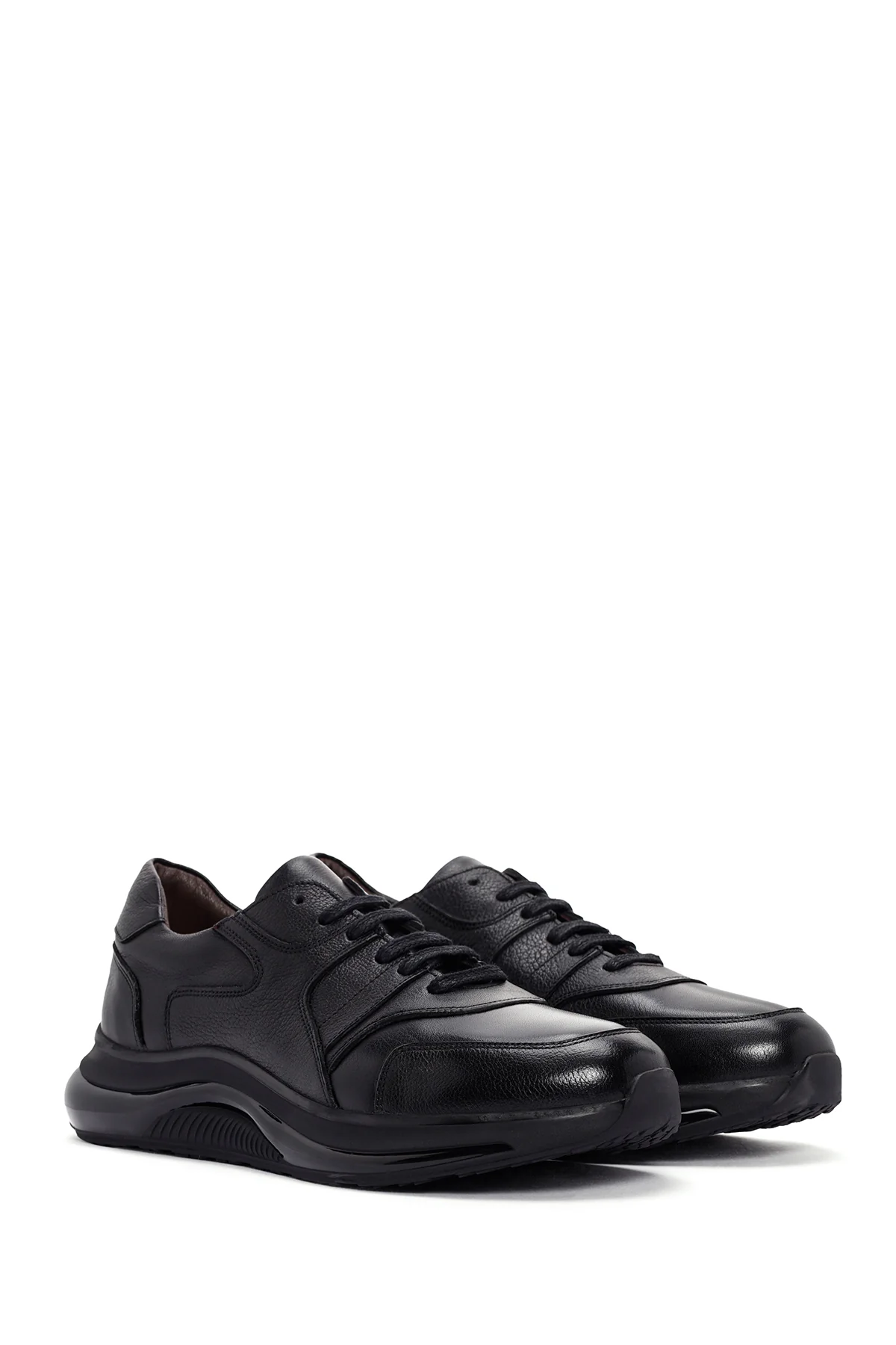 Erkek Siyah Bağcıklı Deri Casual Sneaker - Image 3