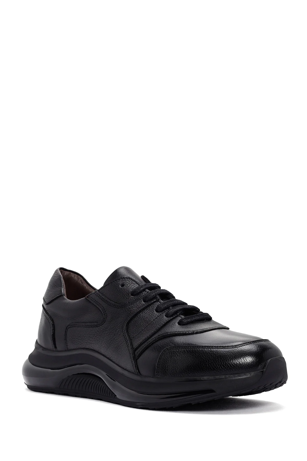 Erkek Siyah Bağcıklı Deri Casual Sneaker - Image 5