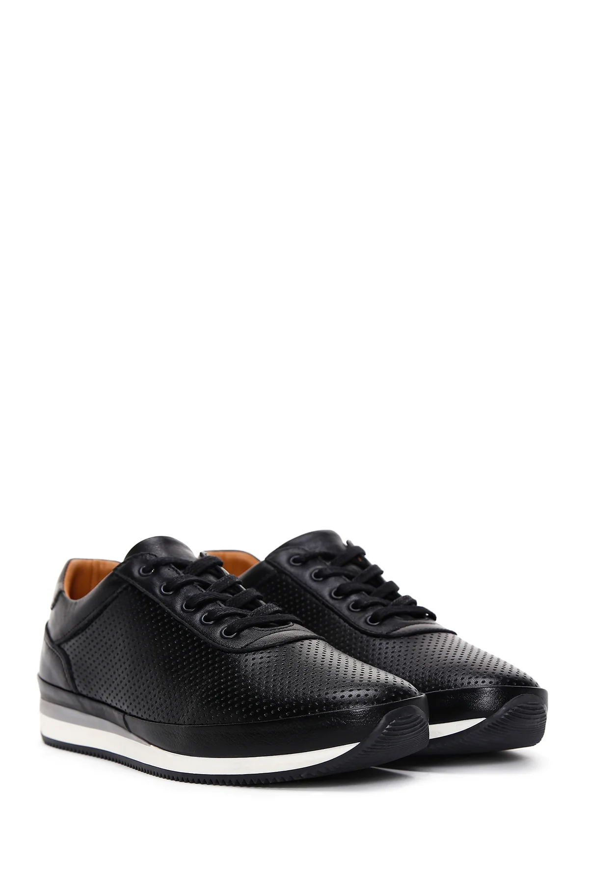 Erkek Siyah Bağcıklı Deri Casual Sneaker - Image 3