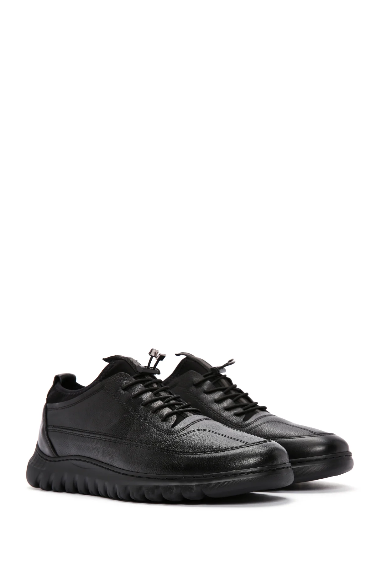 Erkek Siyah Bağcıklı Deri Casual Sneaker - Image 3