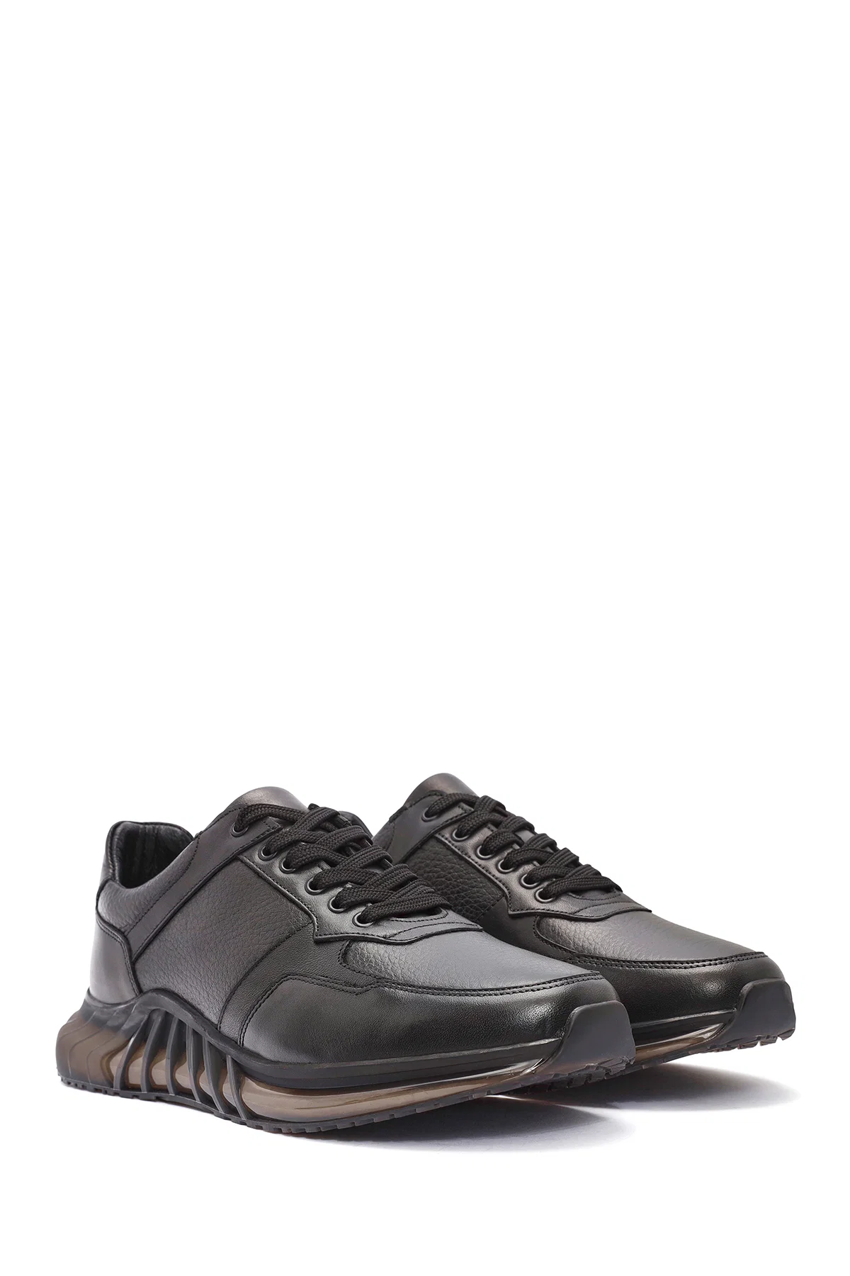 Erkek Siyah Bağcıklı Deri Casual Sneaker - Image 3