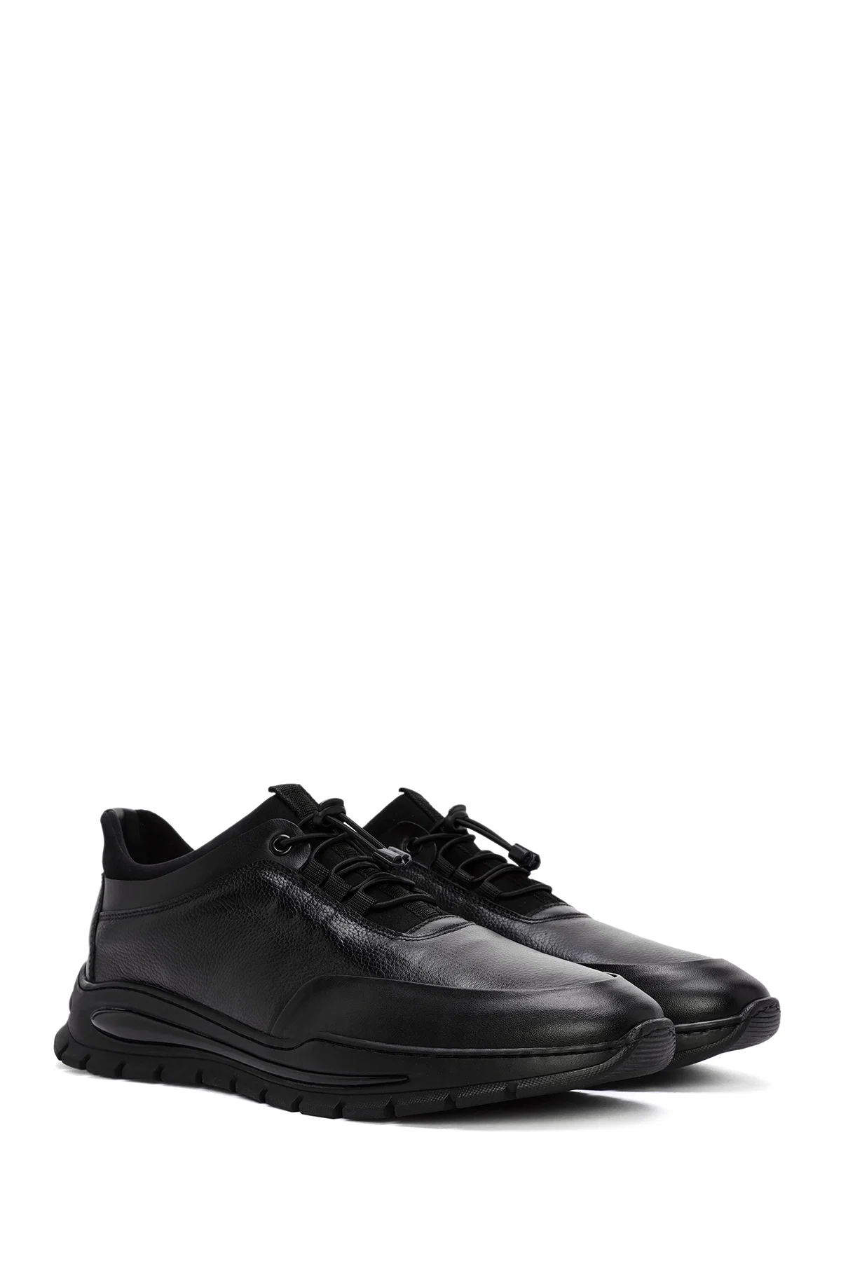 Erkek Siyah Bağcıklı Deri Casual Sneaker - Image 3