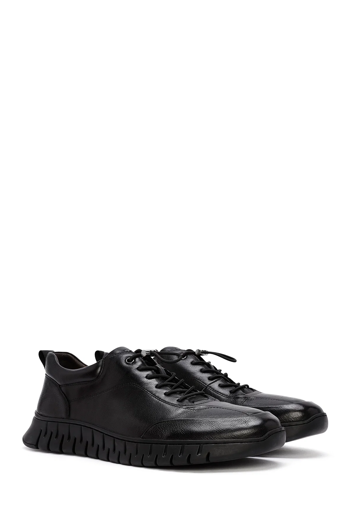 Erkek Siyah Bağcıklı Deri Casual Sneaker - Image 3