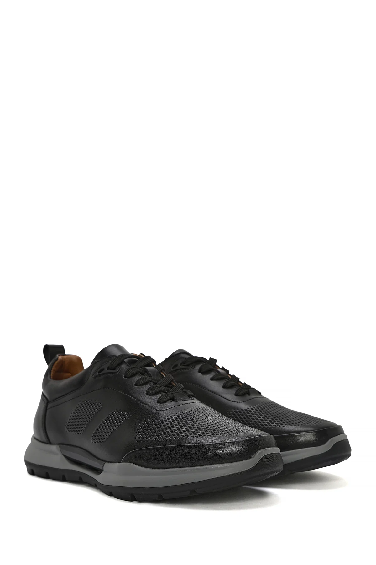 Erkek Siyah Bağcıklı Deri Casual Sneaker - Image 3