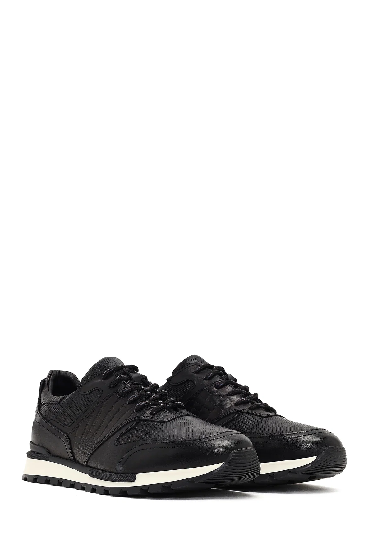 Erkek Siyah Bağcıklı Deri Casual Sneaker - Image 3
