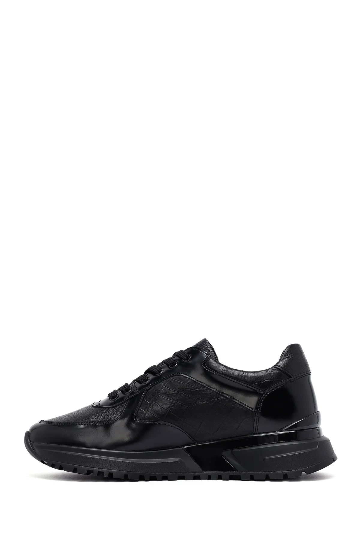 Erkek Siyah Bağcıklı Deri Casual Sneaker - Image 2