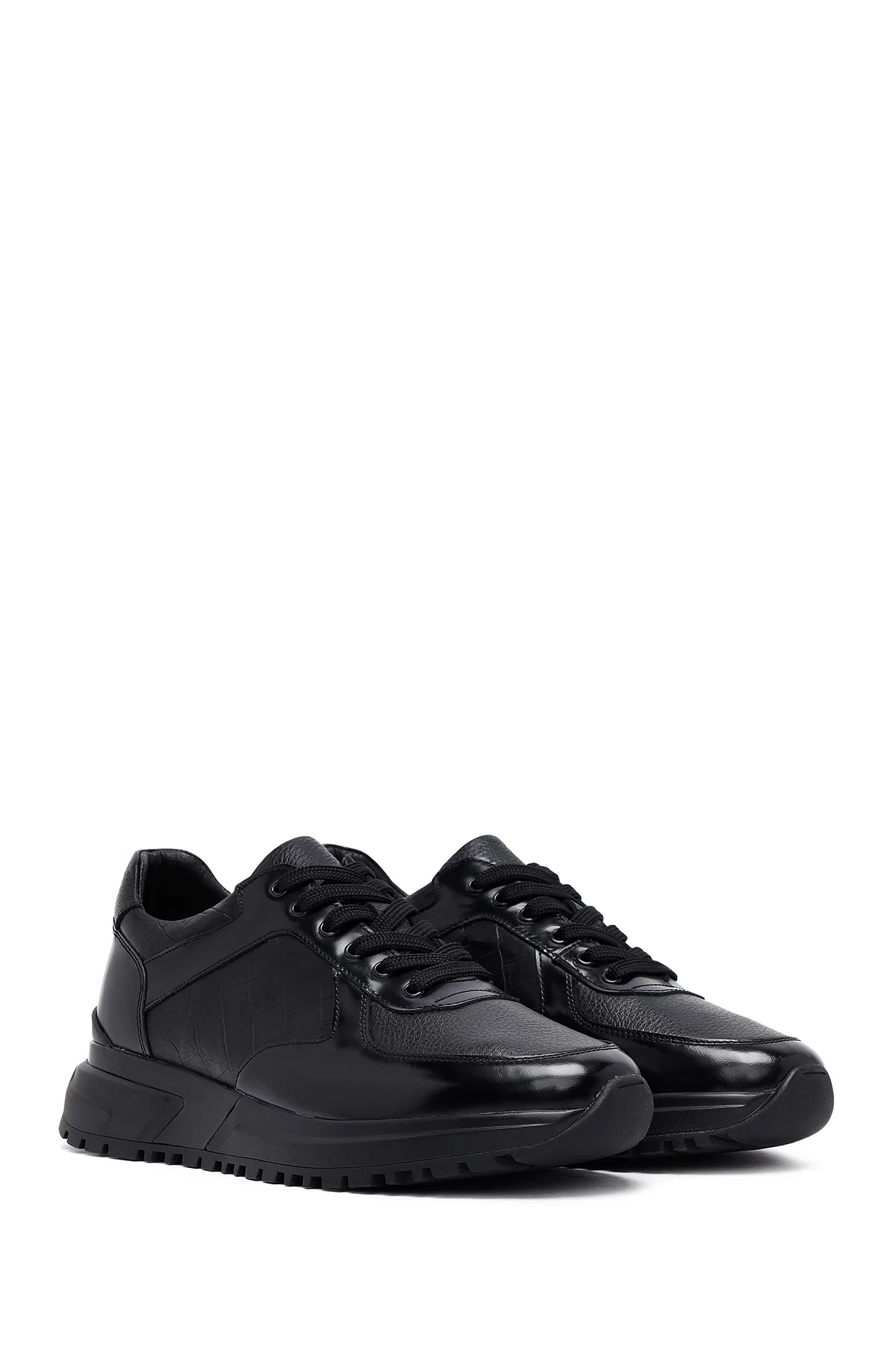 Erkek Siyah Bağcıklı Deri Casual Sneaker - Image 3