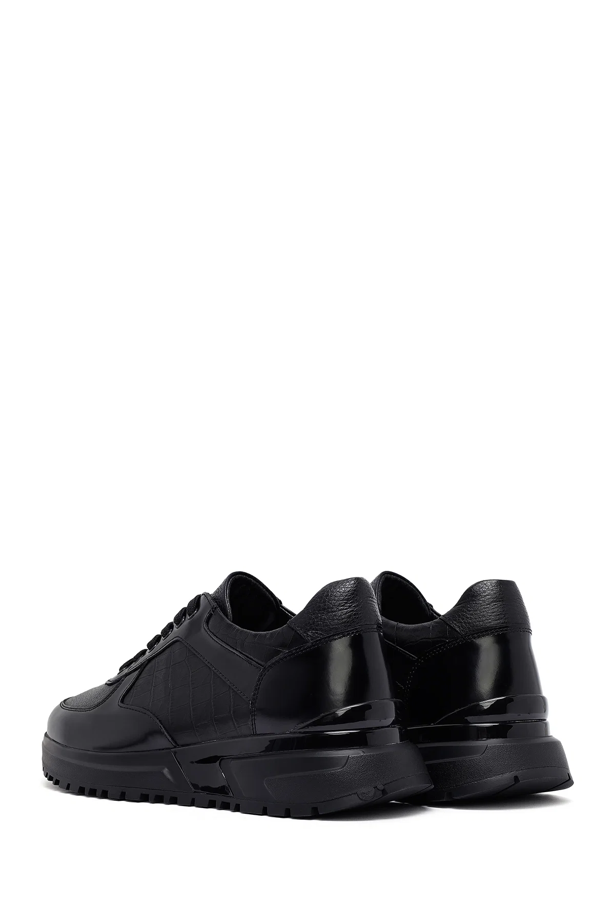 Erkek Siyah Bağcıklı Deri Casual Sneaker - Image 5