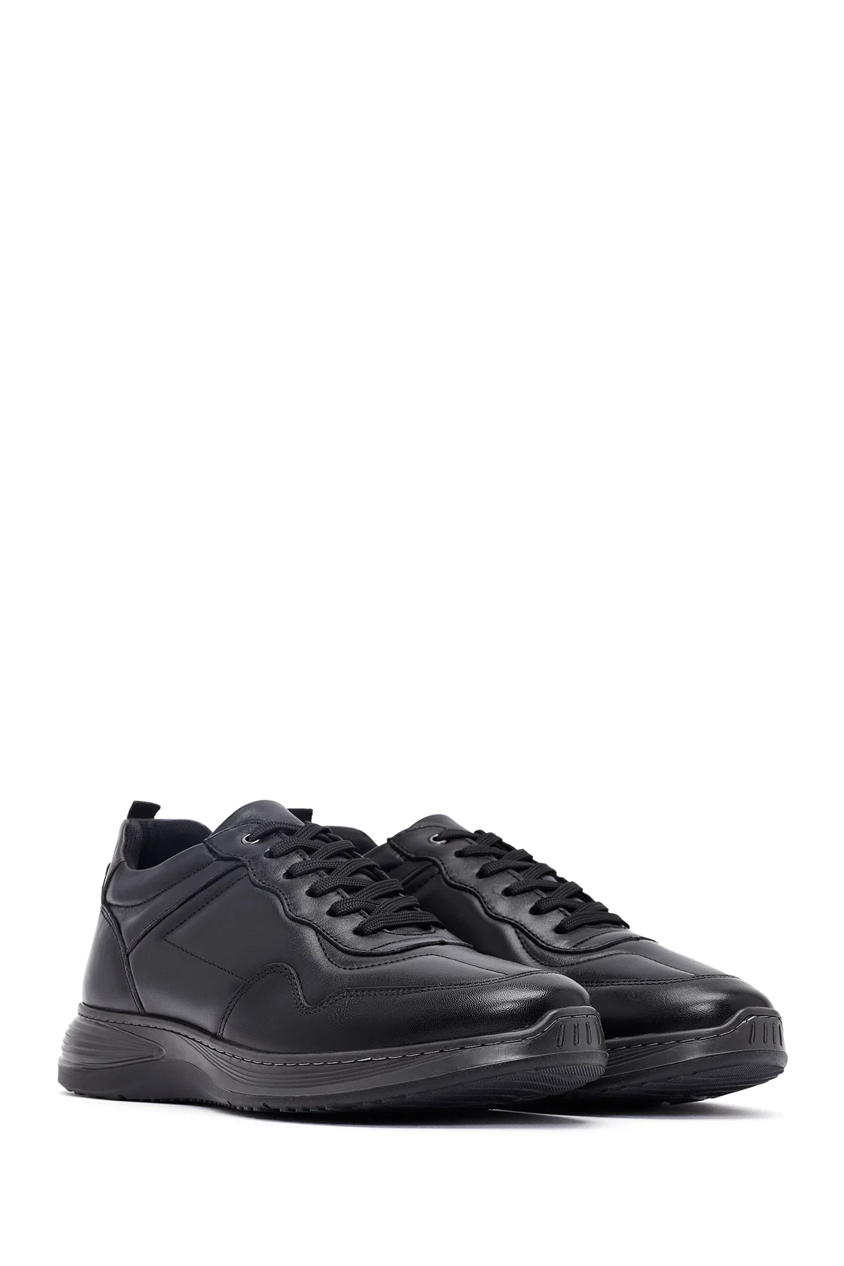 Erkek Siyah Bağcıklı Deri Casual Sneaker - Image 3