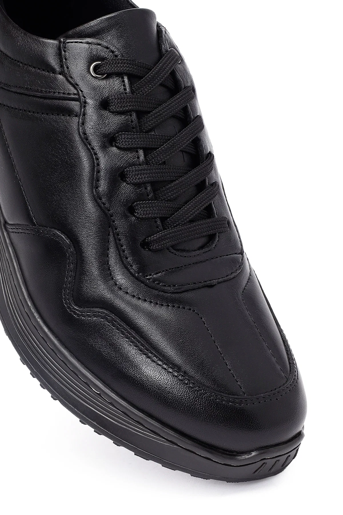 Erkek Siyah Bağcıklı Deri Casual Sneaker - Image 9