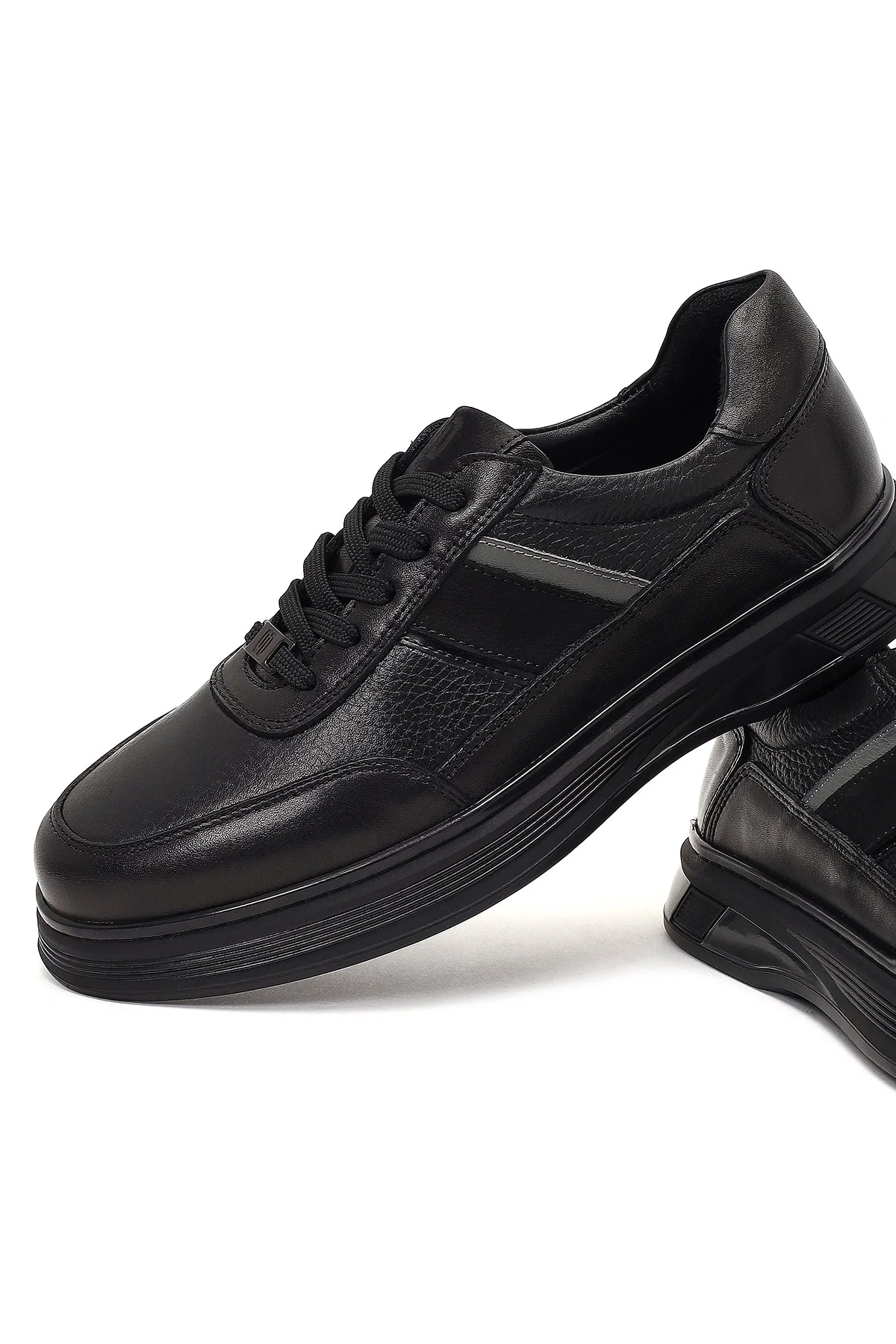 Erkek Siyah Bağcıklı Deri Casual Sneaker - Image 11