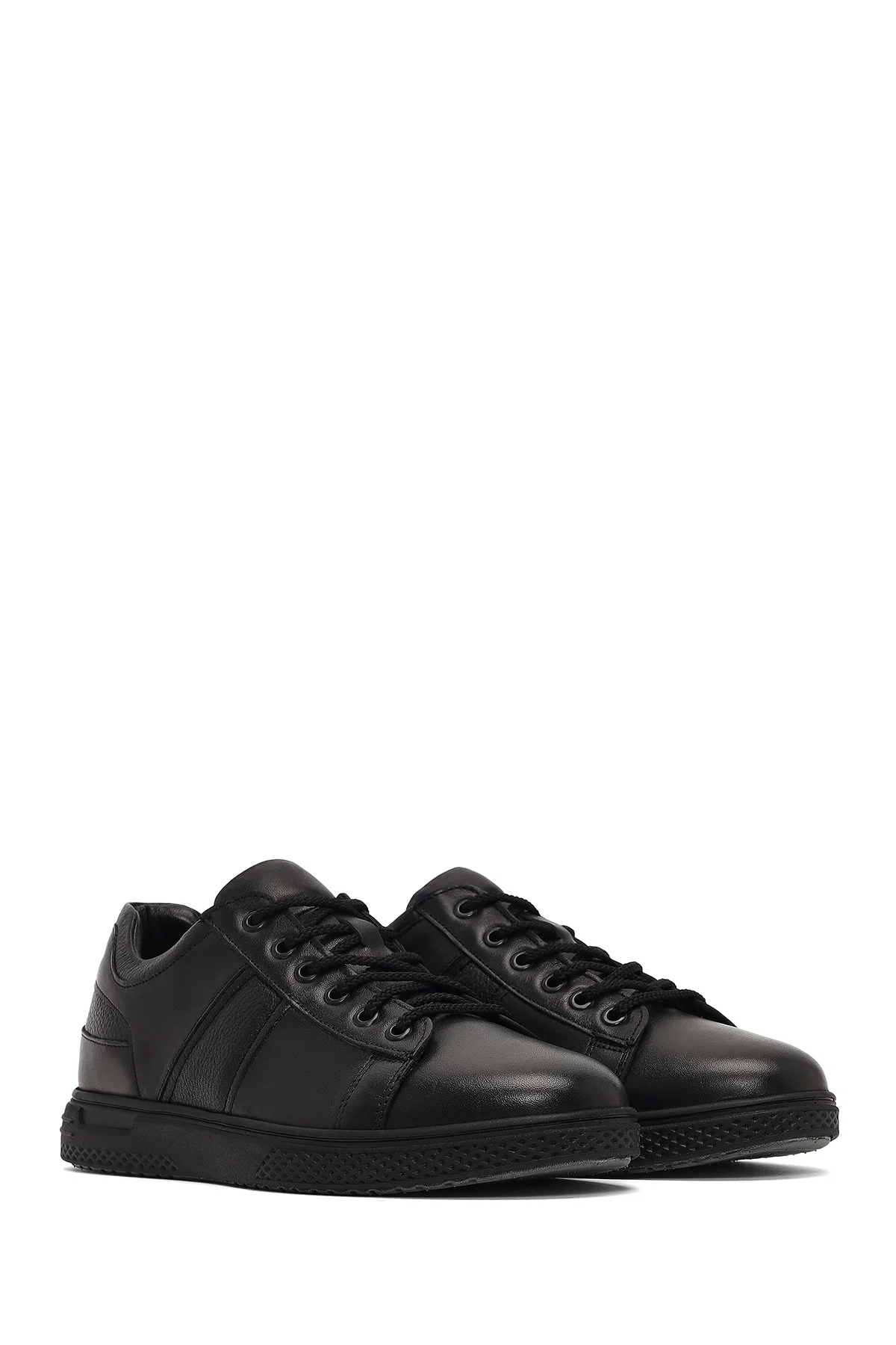 Erkek Siyah Bağcıklı Deri Casual Sneaker - Image 3