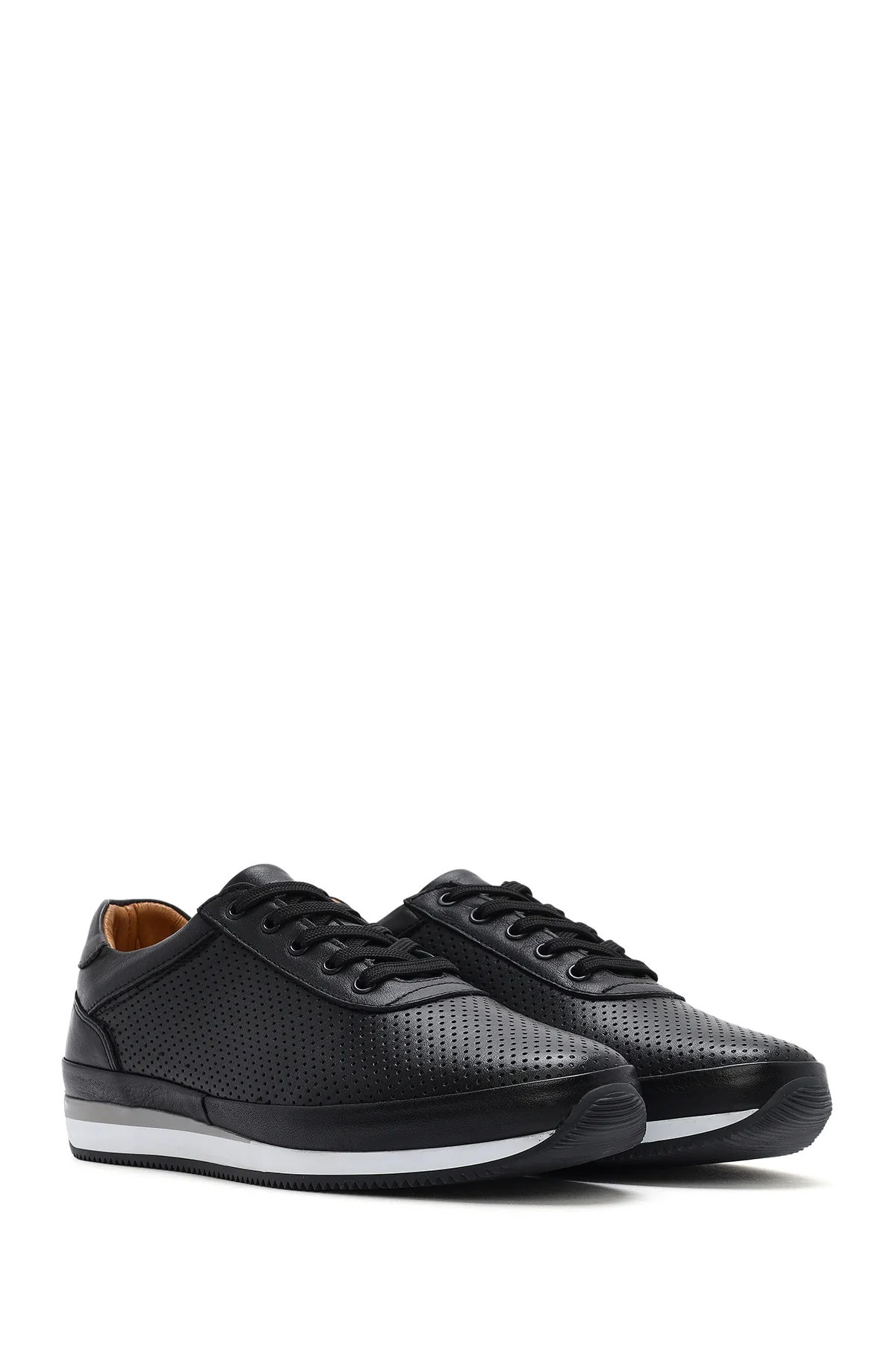 Erkek Siyah Bağcıklı Deri Casual Sneaker - Image 2