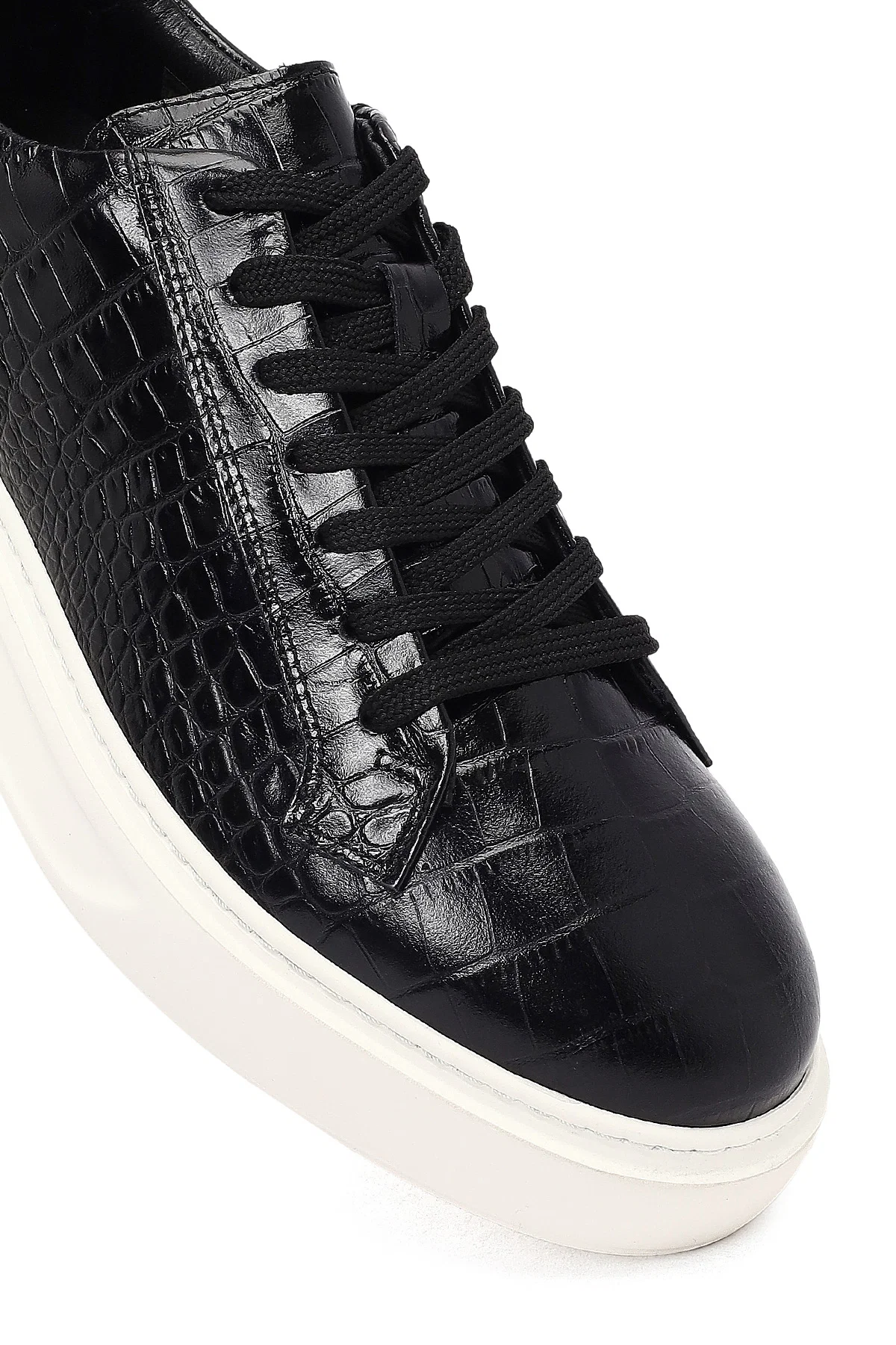 Erkek Siyah Kroko Bağcıklı Deri Sneaker - Image 9