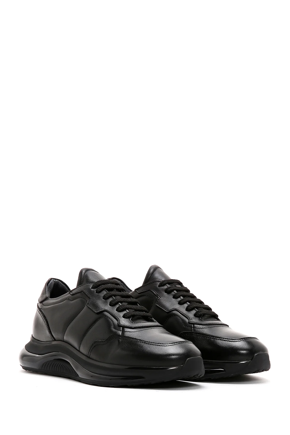Erkek Siyah Bağcıklı Kalın Tabanlı Deri Casual Sneaker - Image 3