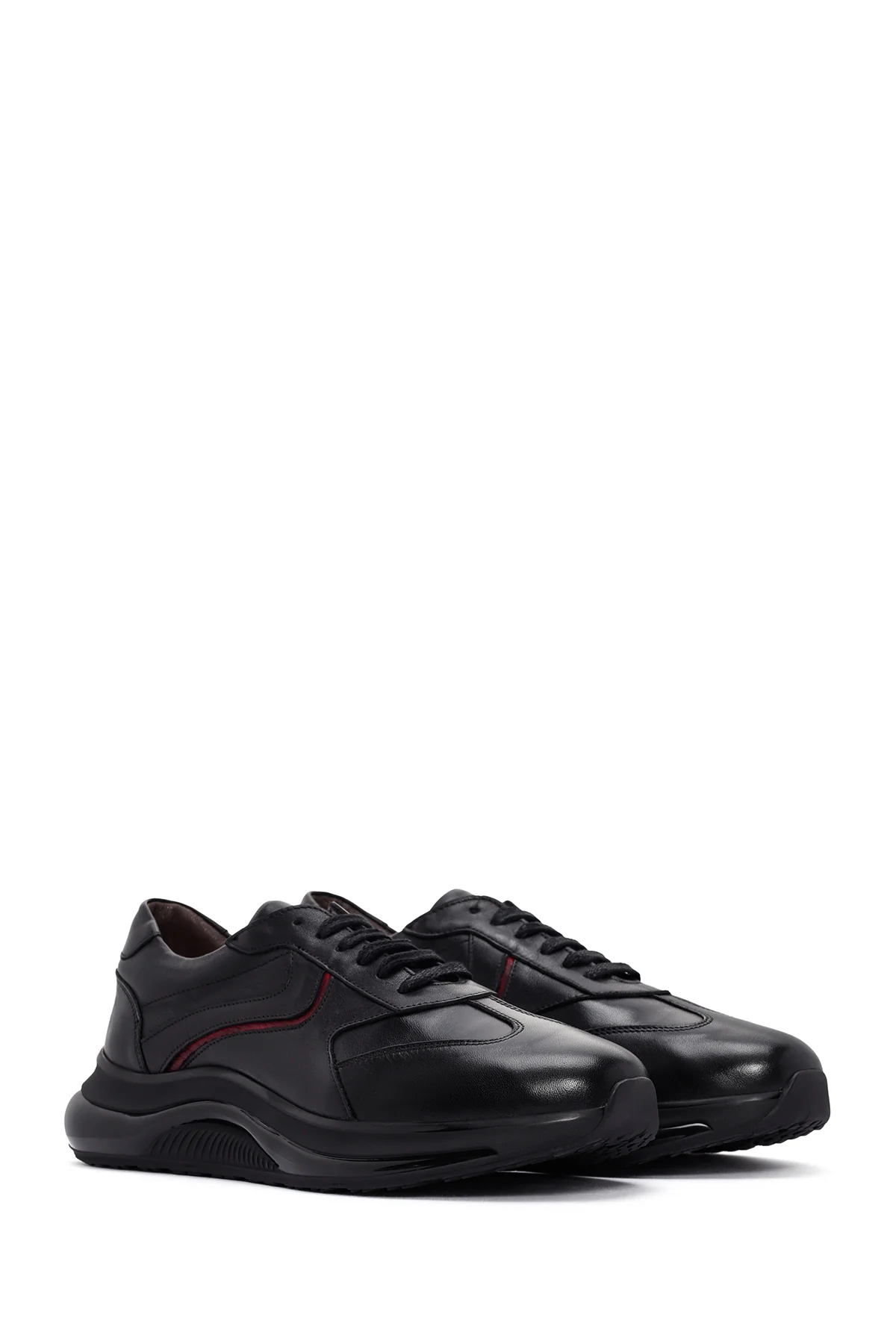 Erkek Siyah Bağcıklı Kalın Tabanlı Deri Casual Sneaker - Image 3