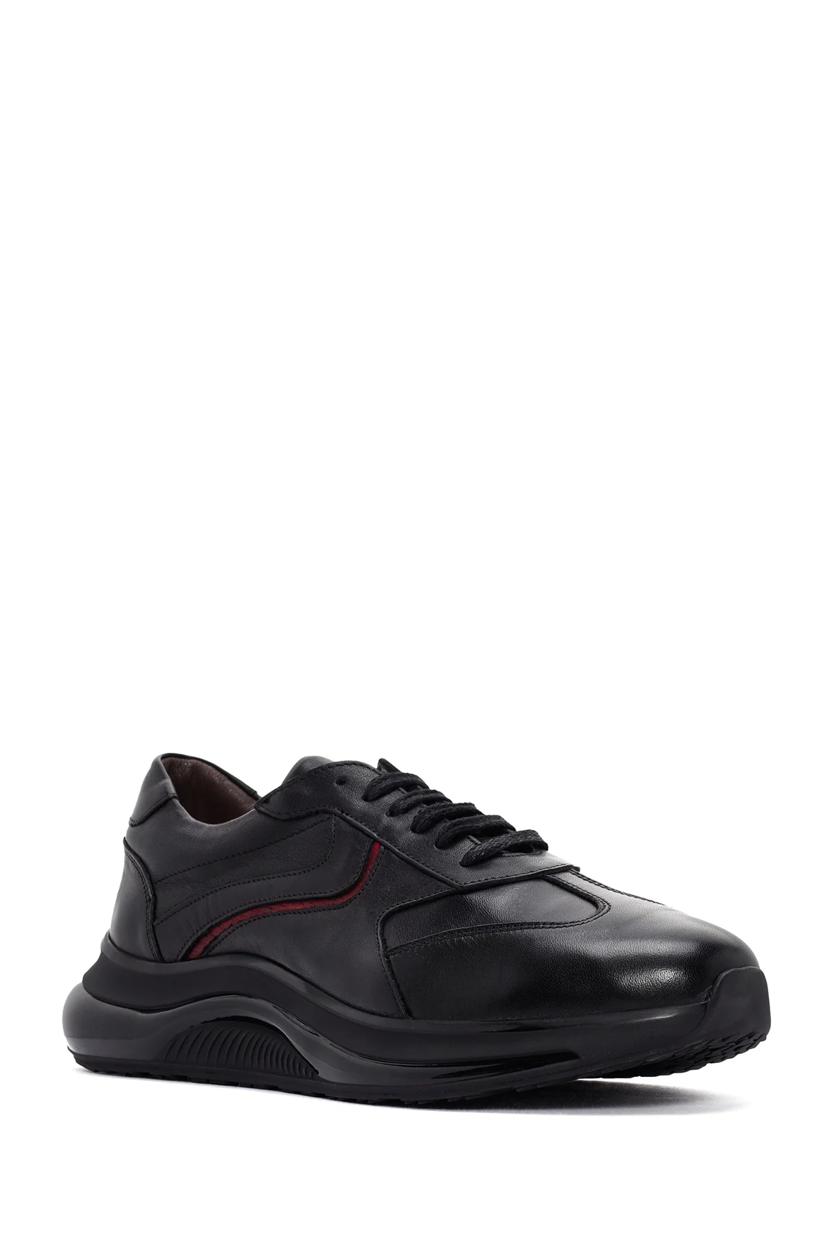 Erkek Siyah Bağcıklı Kalın Tabanlı Deri Casual Sneaker - Image 6
