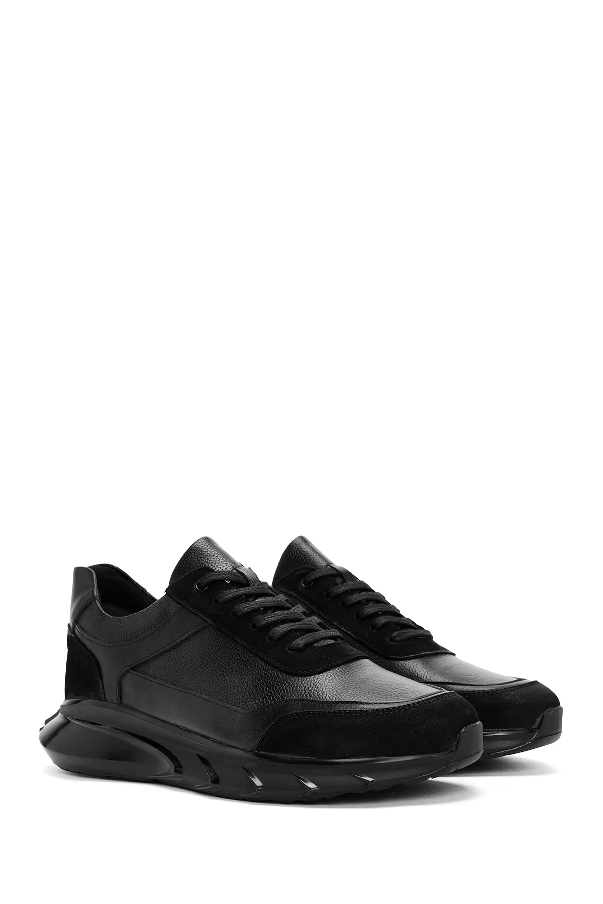 Erkek Siyah Bağcıklı Kalın Tabanlı Deri Casual Sneaker - Image 3