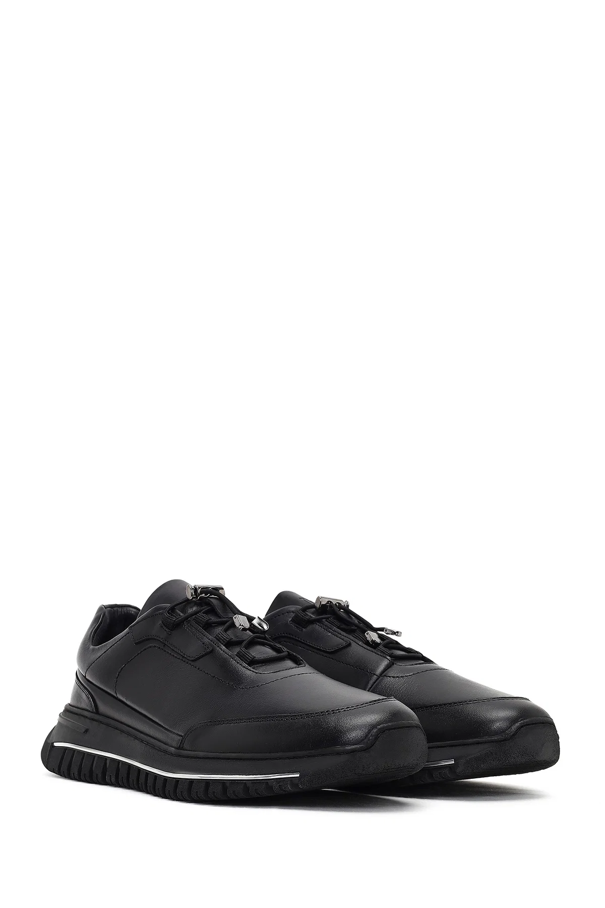 Erkek Siyah Bağcıklı Kalın Tabanlı Deri Casual Sneaker - Image 3