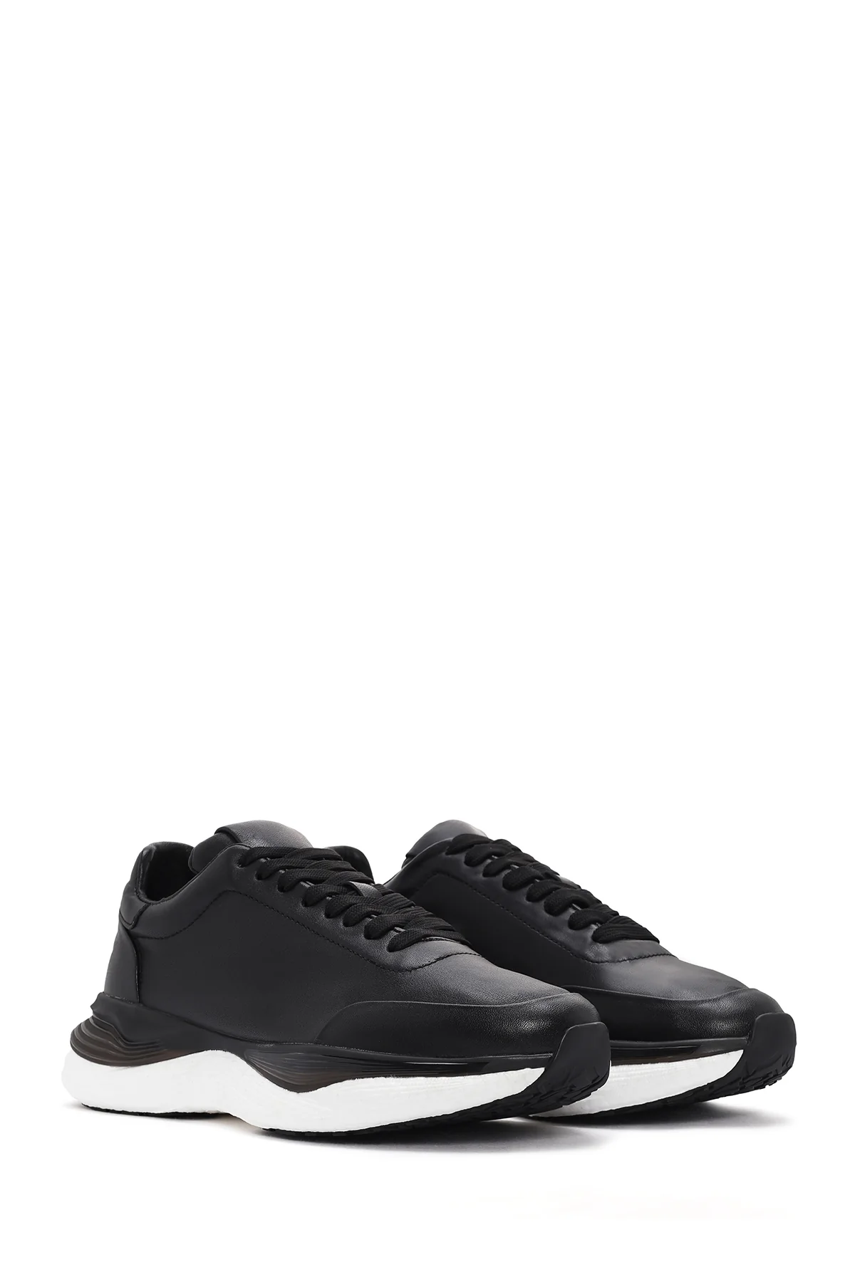 Erkek Siyah Bağcıklı Kalın Tabanlı Deri Sneaker - Image 3