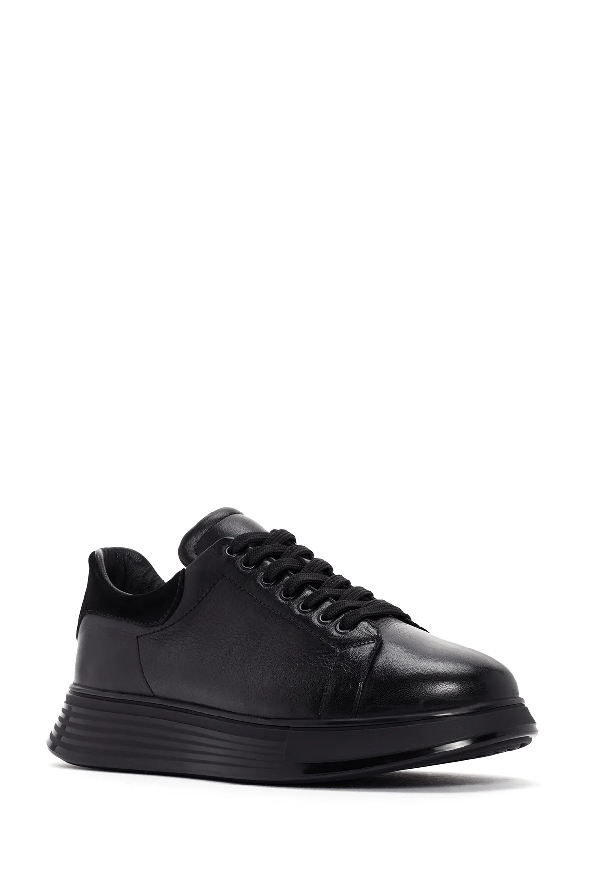 Erkek Siyah Bağcıklı Kalın Tabanlı Deri Sneaker - Image 6