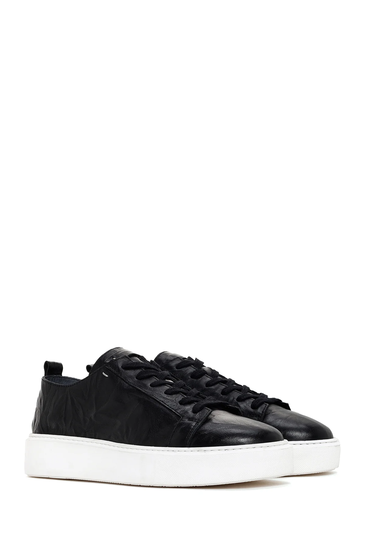 Erkek Siyah Bağcıklı Kalın Tabanlı Deri Sneaker - Image 3