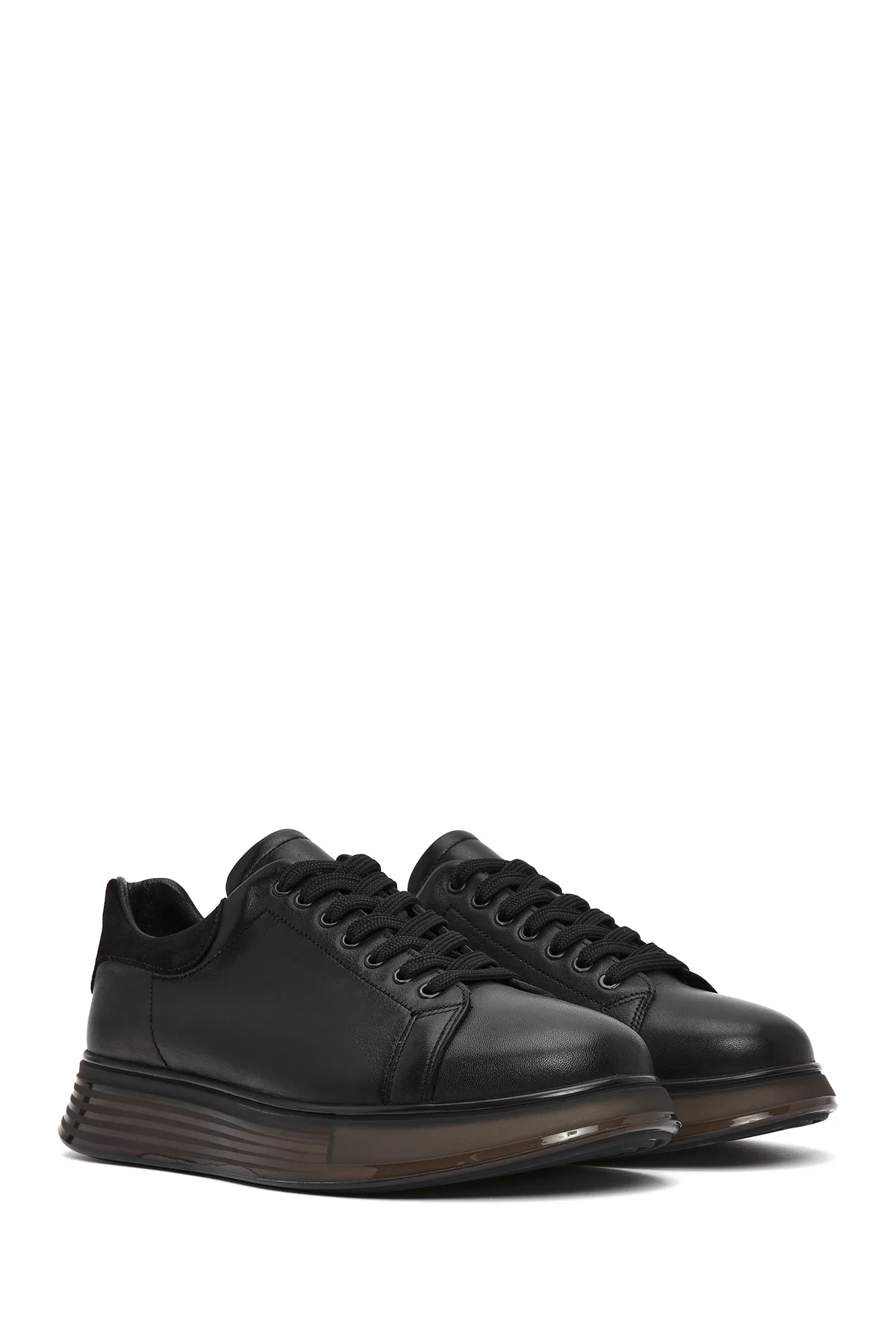 Erkek Siyah Bağcıklı Kalın Tabanlı Deri Sneaker - Image 3