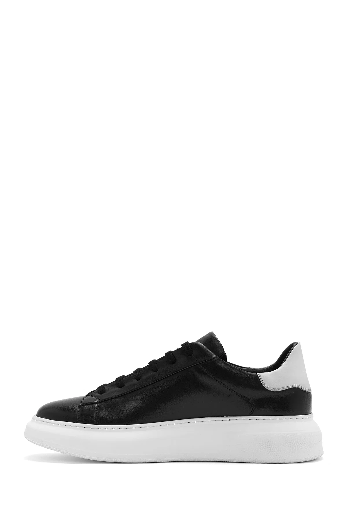 Erkek Siyah Bağcıklı Kalın Tabanlı Deri Sneaker - Image 4