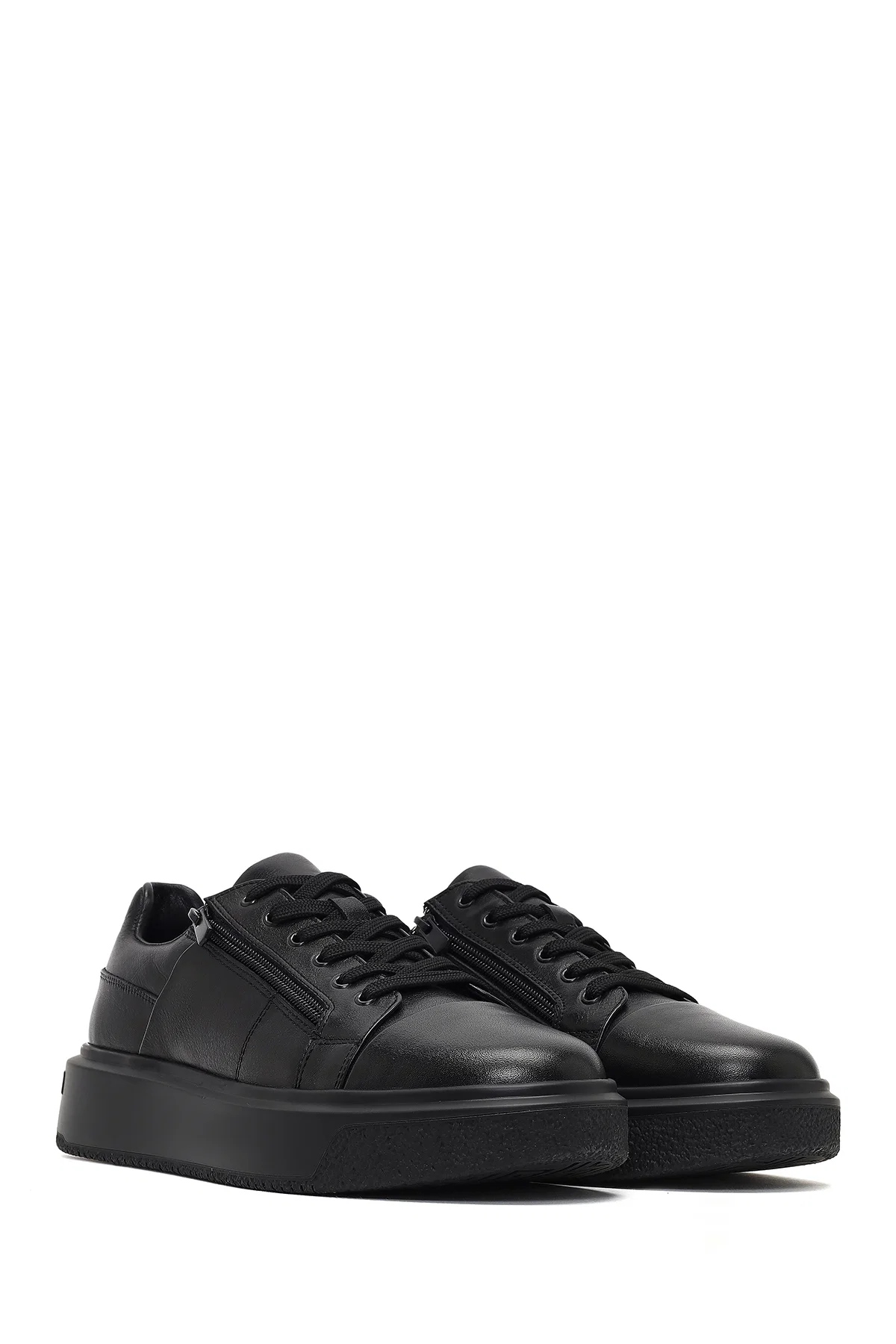 Erkek Siyah Bağcıklı Kalın Tabanlı Deri Sneaker - Image 3