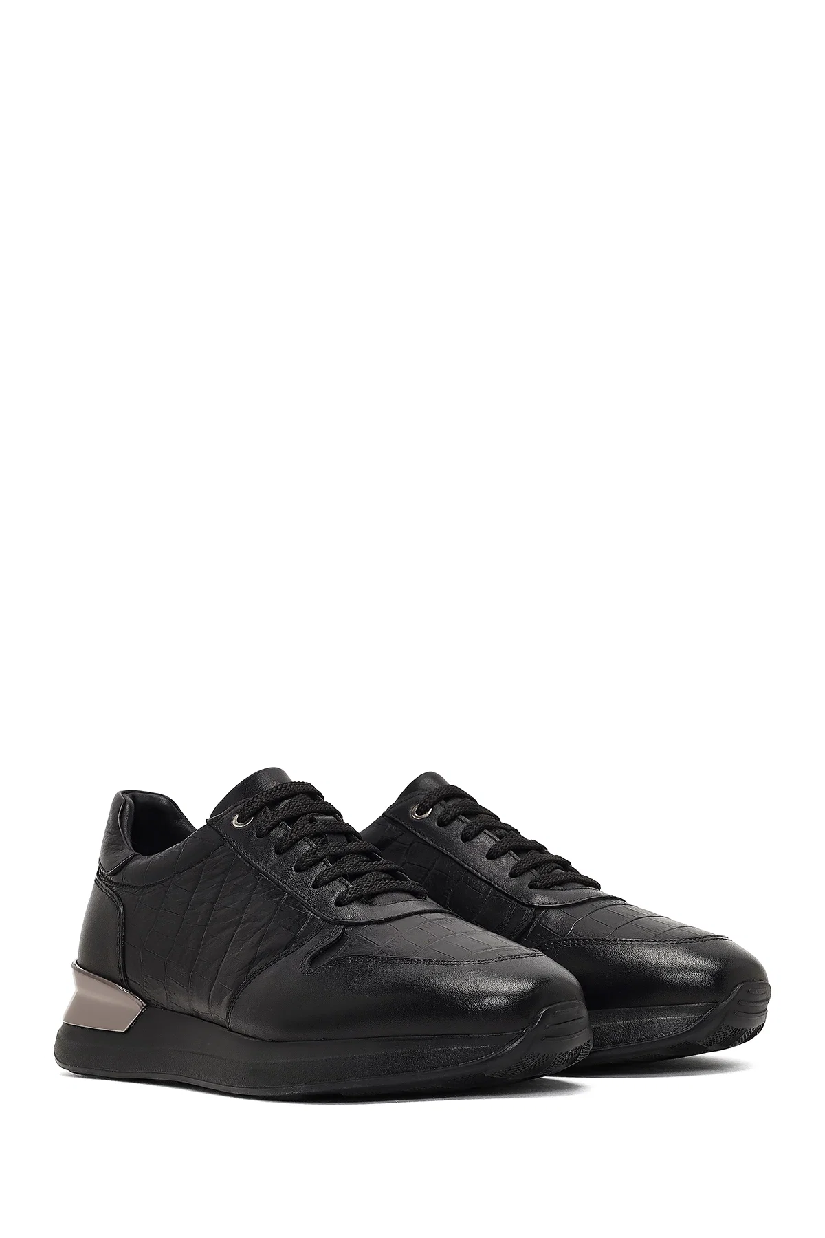 Erkek Siyah Bağcıklı Kalın Tabanlı Deri Sneaker - Image 3