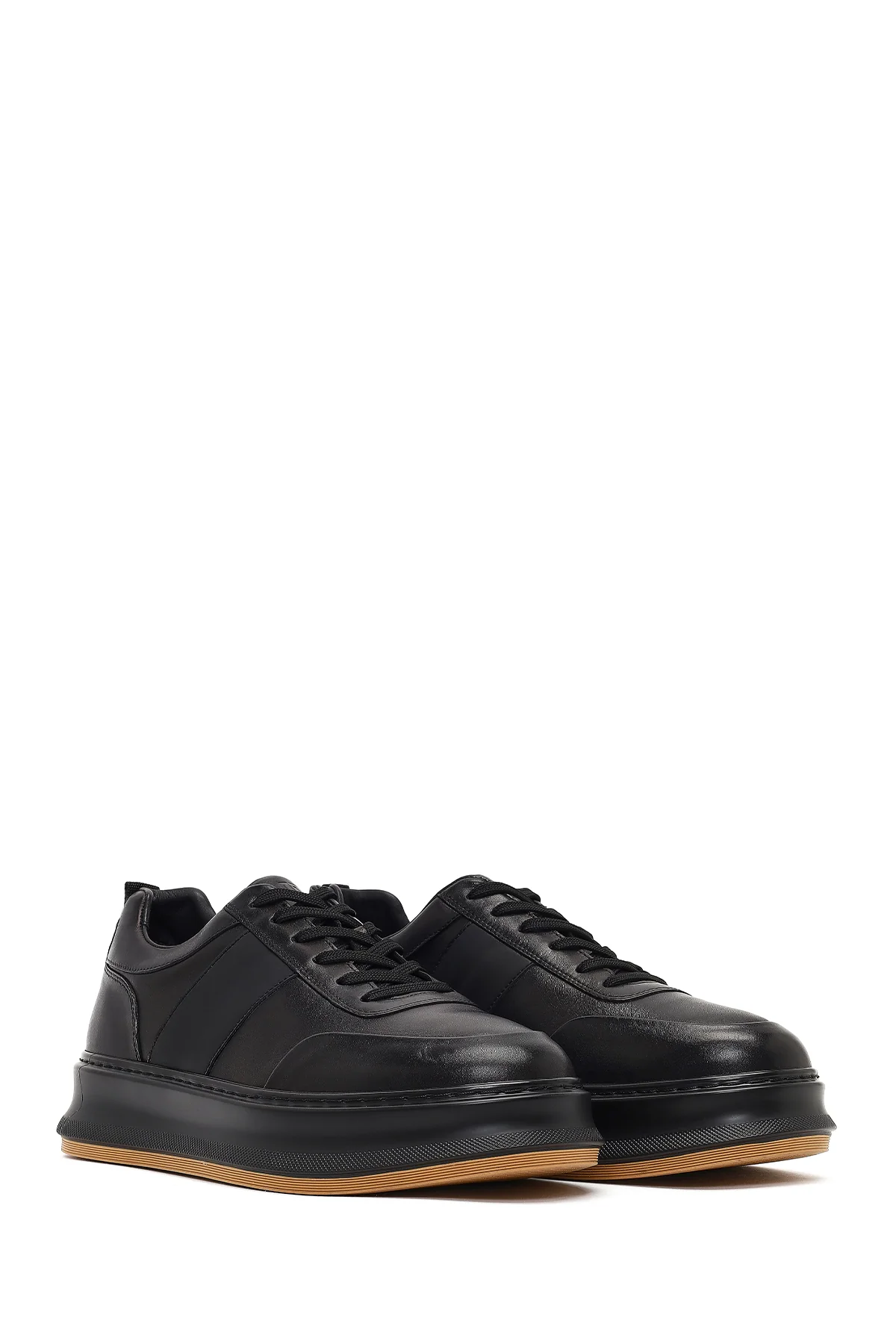 Erkek Siyah Bağcıklı Kalın Tabanlı Deri Sneaker - Image 3