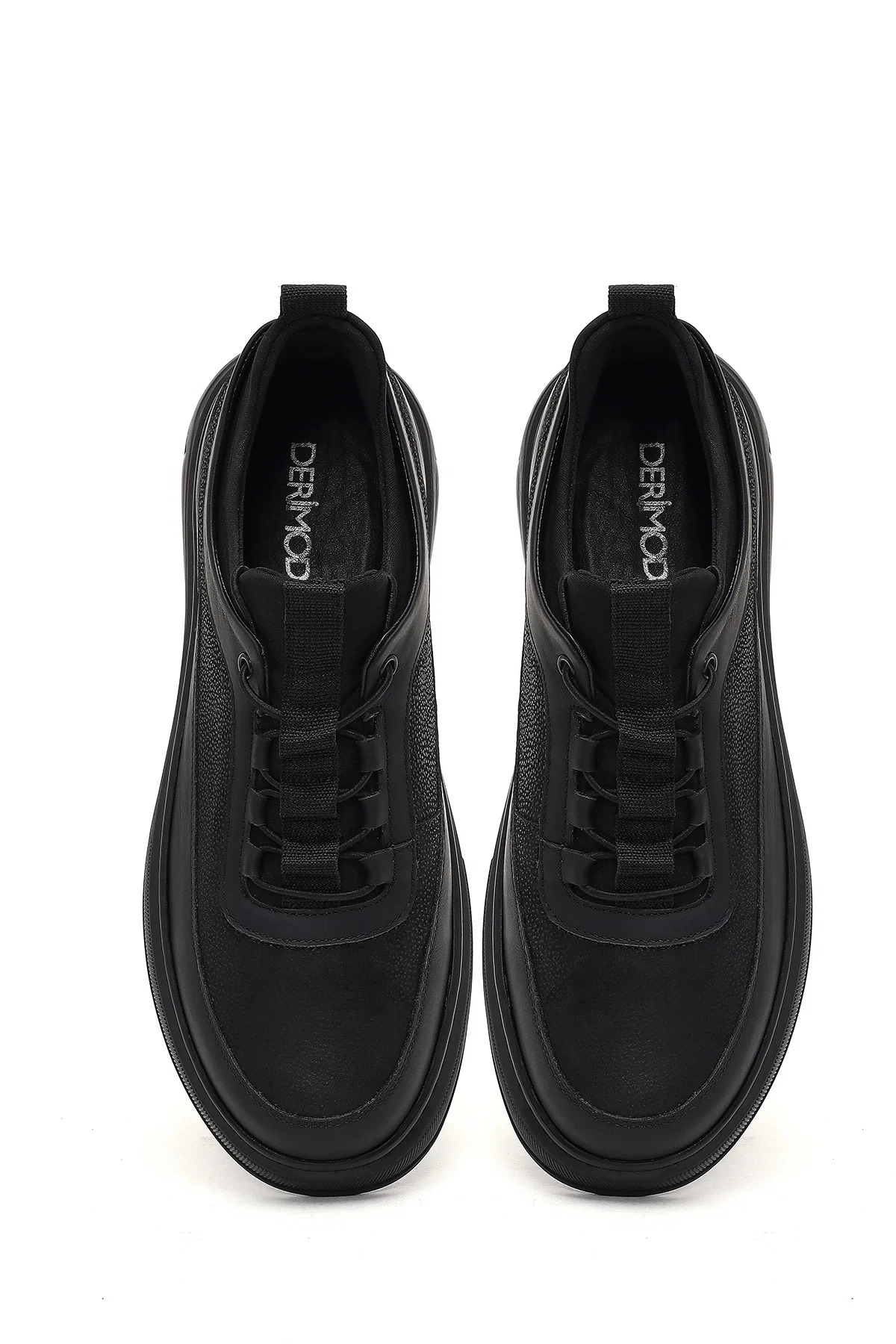 Erkek Siyah Bağcıklı Kalın Tabanlı Deri Sneaker - Image 7