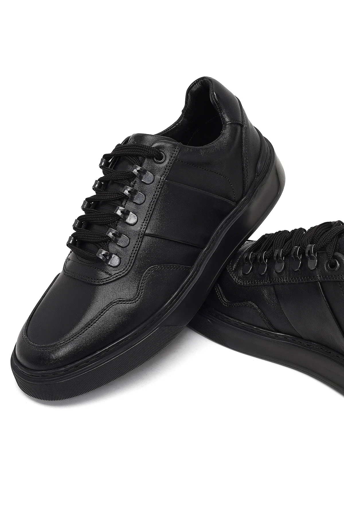 Erkek Siyah Bağcıklı Kalın Tabanlı Deri Sneaker - Image 11