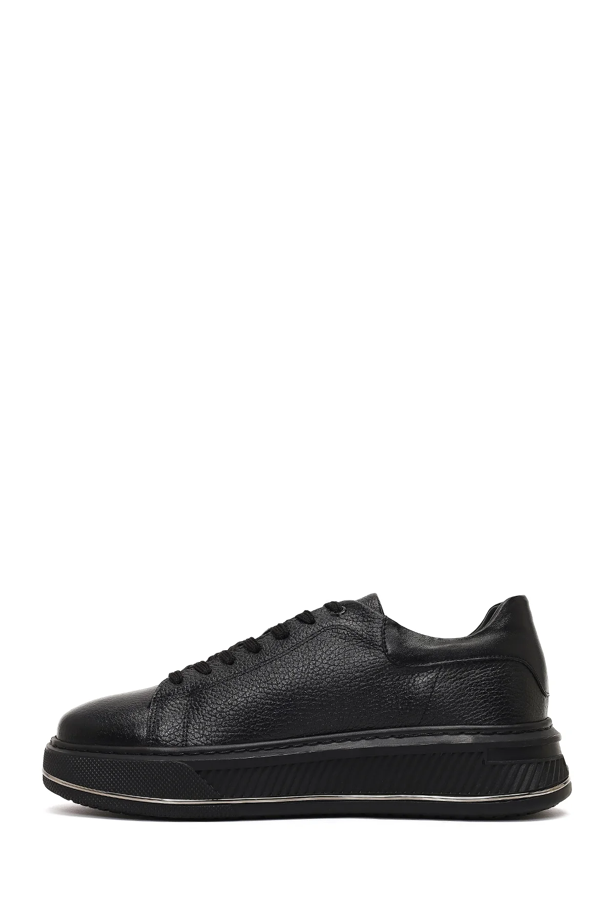 Erkek Siyah Bağcıklı Kalın Tabanlı Deri Sneaker - Image 2