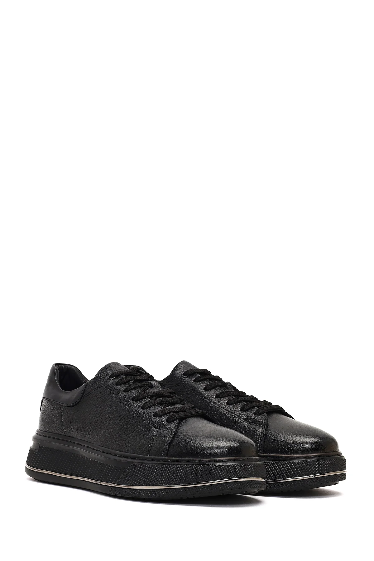 Erkek Siyah Bağcıklı Kalın Tabanlı Deri Sneaker - Image 3