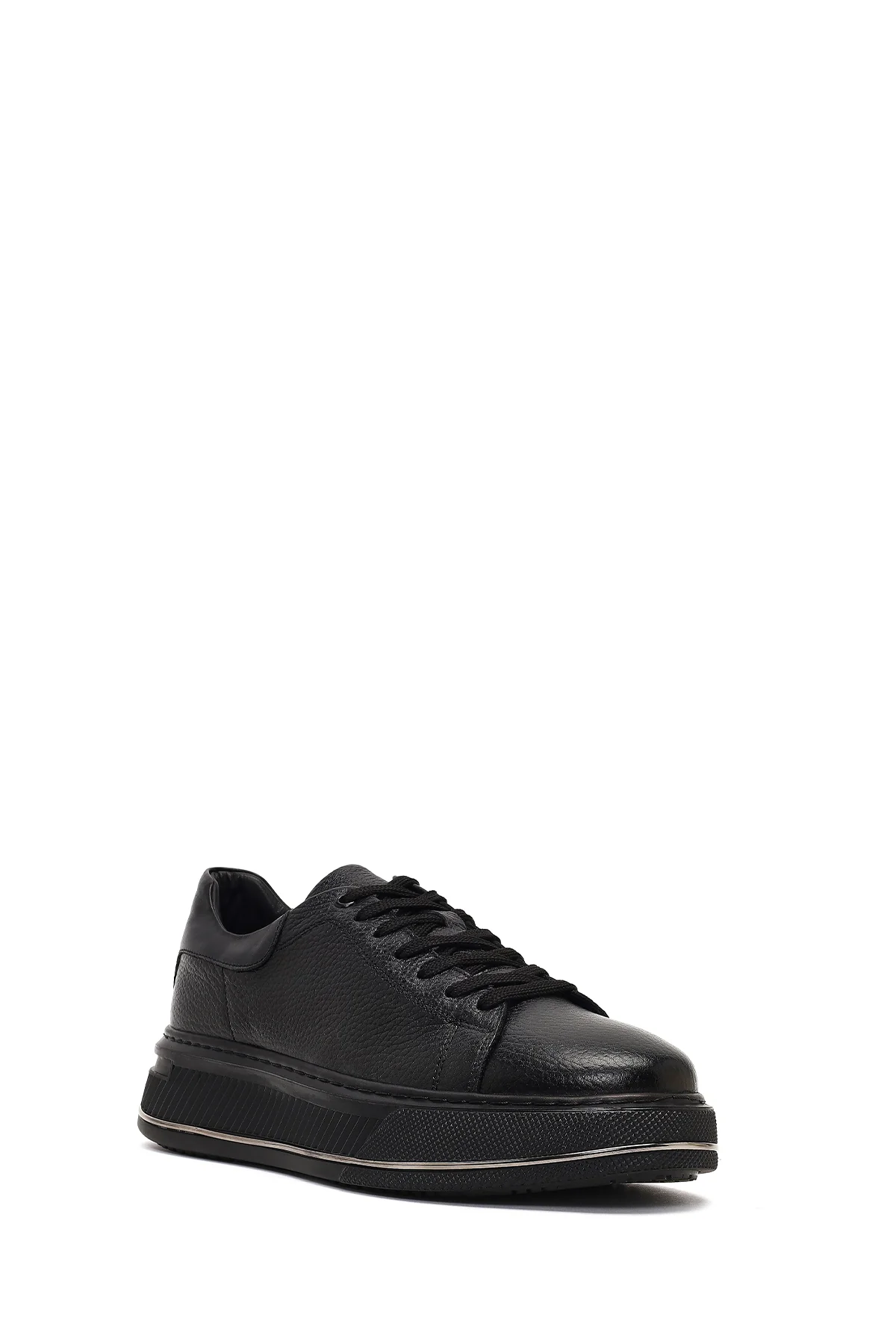 Erkek Siyah Bağcıklı Kalın Tabanlı Deri Sneaker - Image 6